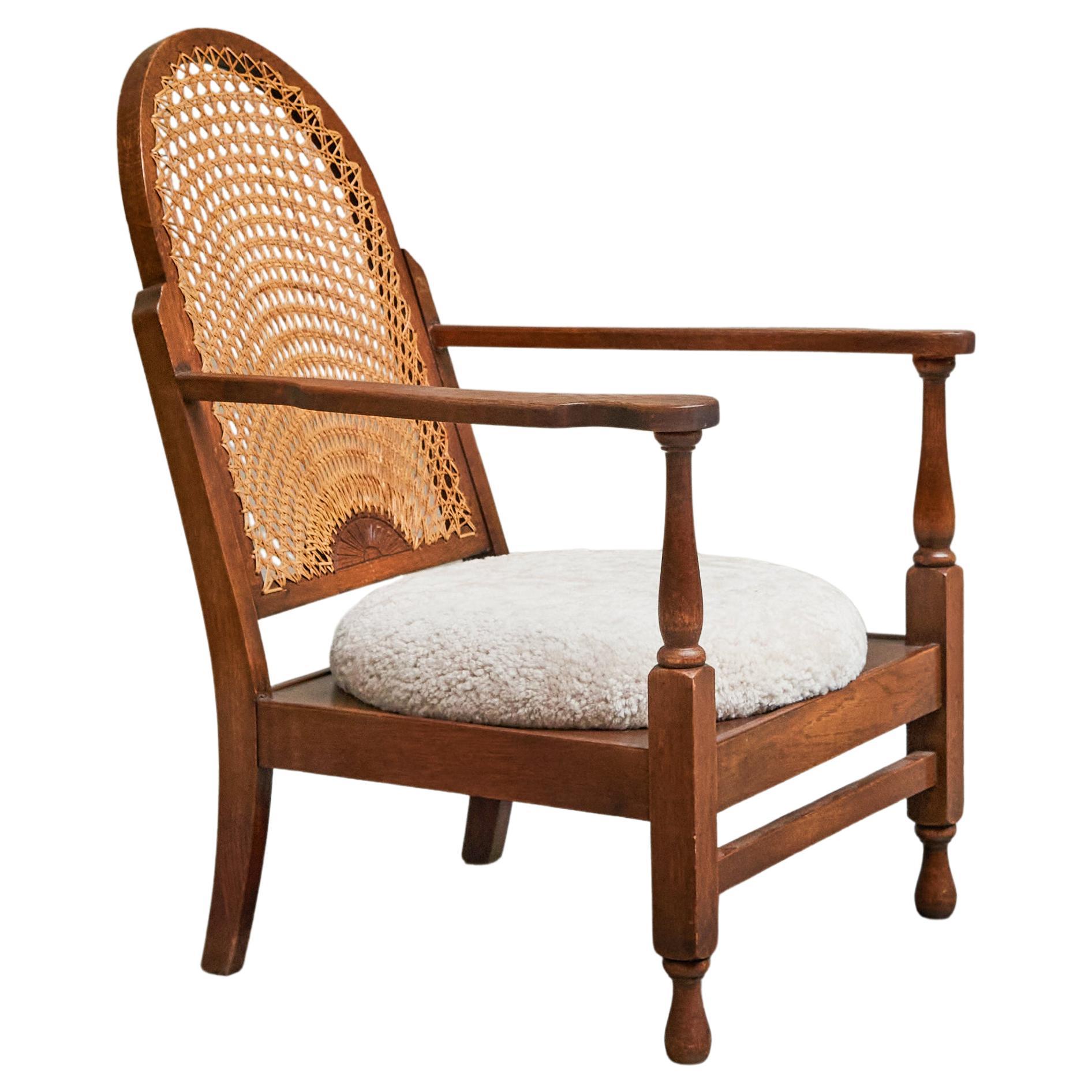 'Gościcino' Lounge Chair in Solid Oak, Webbing and Wool Poland 1930s
