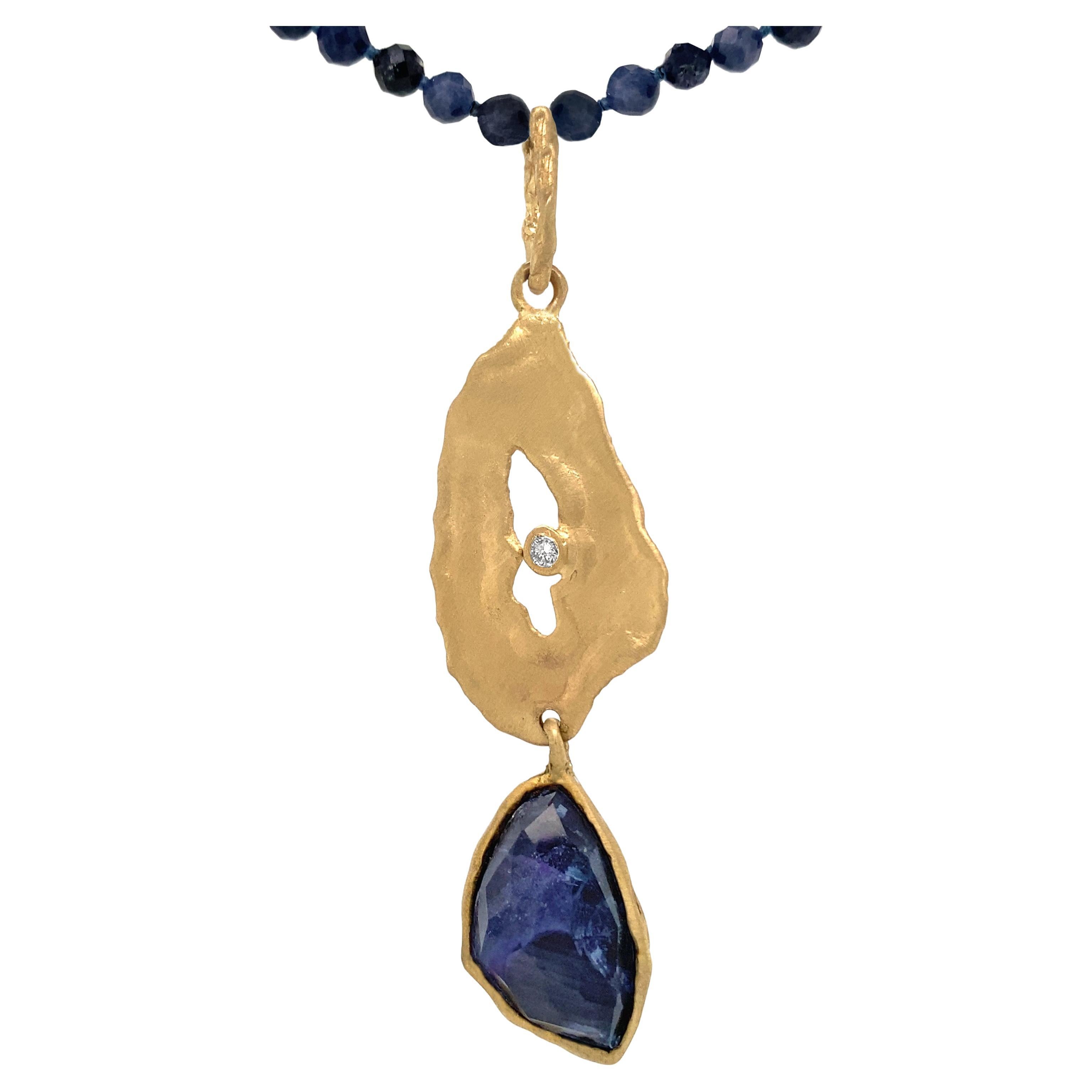 "Gosh" Freeform Pendant in 18K Gold with Diamond & Beryl Slice on Sapphire Chain For Sale