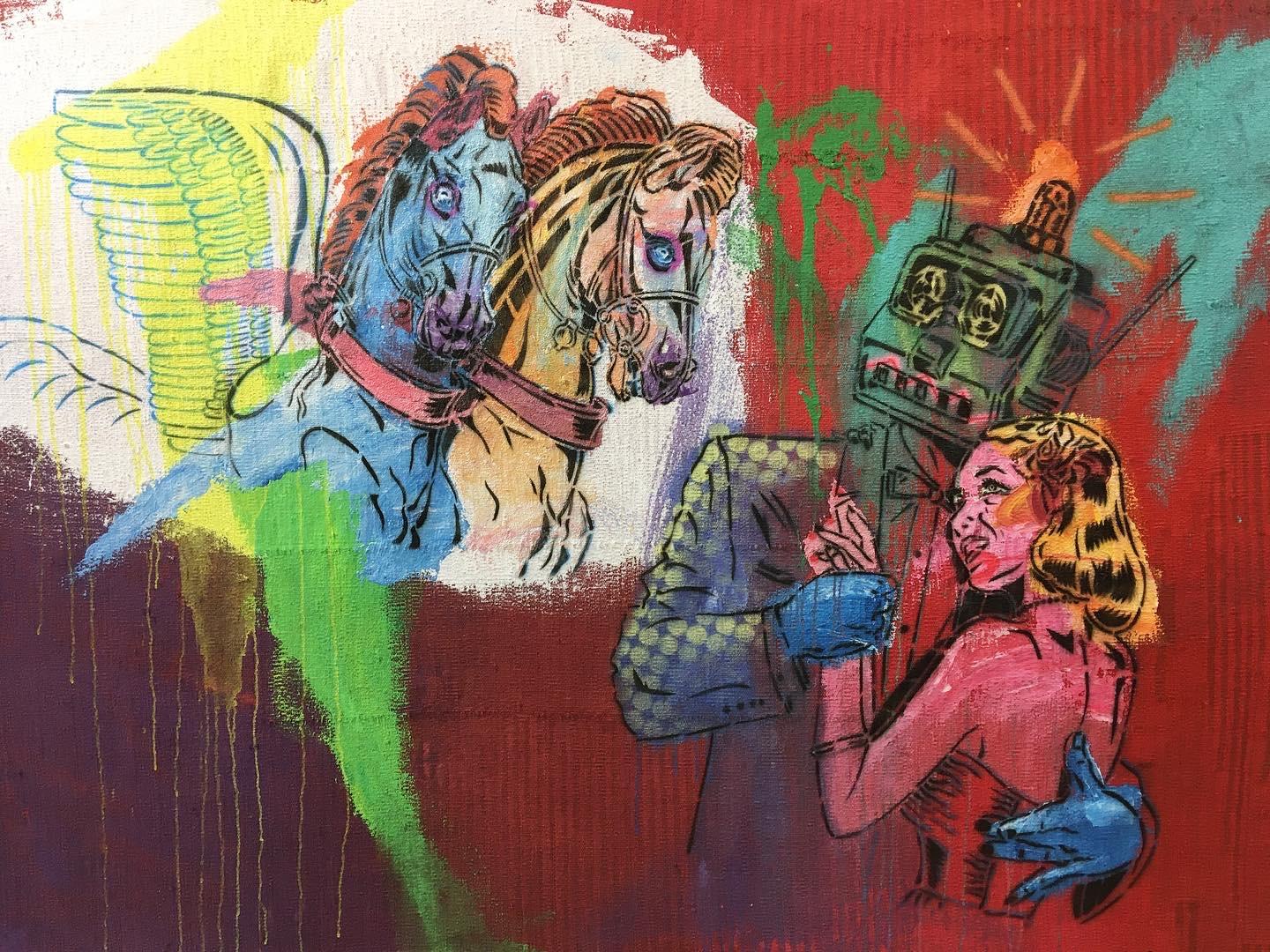 "Love with a Robot and a Two-Headed Pegasus" 81" x 59" inch by Gosha Ostretsov

Medium: Carpet, Wool, acrylic, varnish

Ships rolled in a tube 

Born in 1967, in Moscow
Lived in Paris for ten years (1988 - 1998), now lives and works in