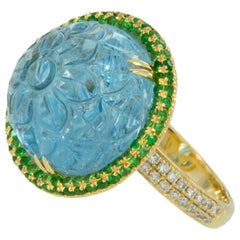 Goshwara 18 Karat Yellow Gold Hand Carved Aquamarine Tsavorite Diamond Ring