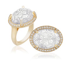 Goshwara 18 Karat Yellow Gold Hand Carved Moon Quartz Mogul Cut Diamond Ring