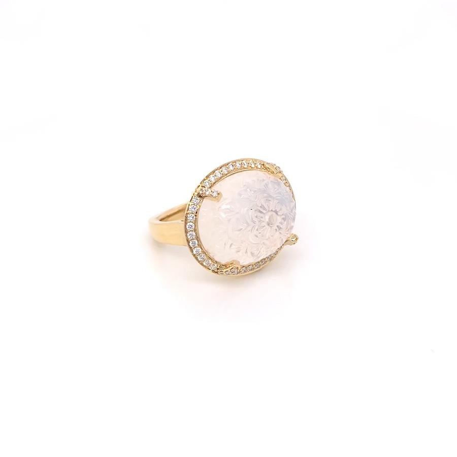 Goshwara 18 Karat Yellow Gold Hand Carved Moon Quartz Mogul Cut Diamond Ring In New Condition For Sale In Troy, MI