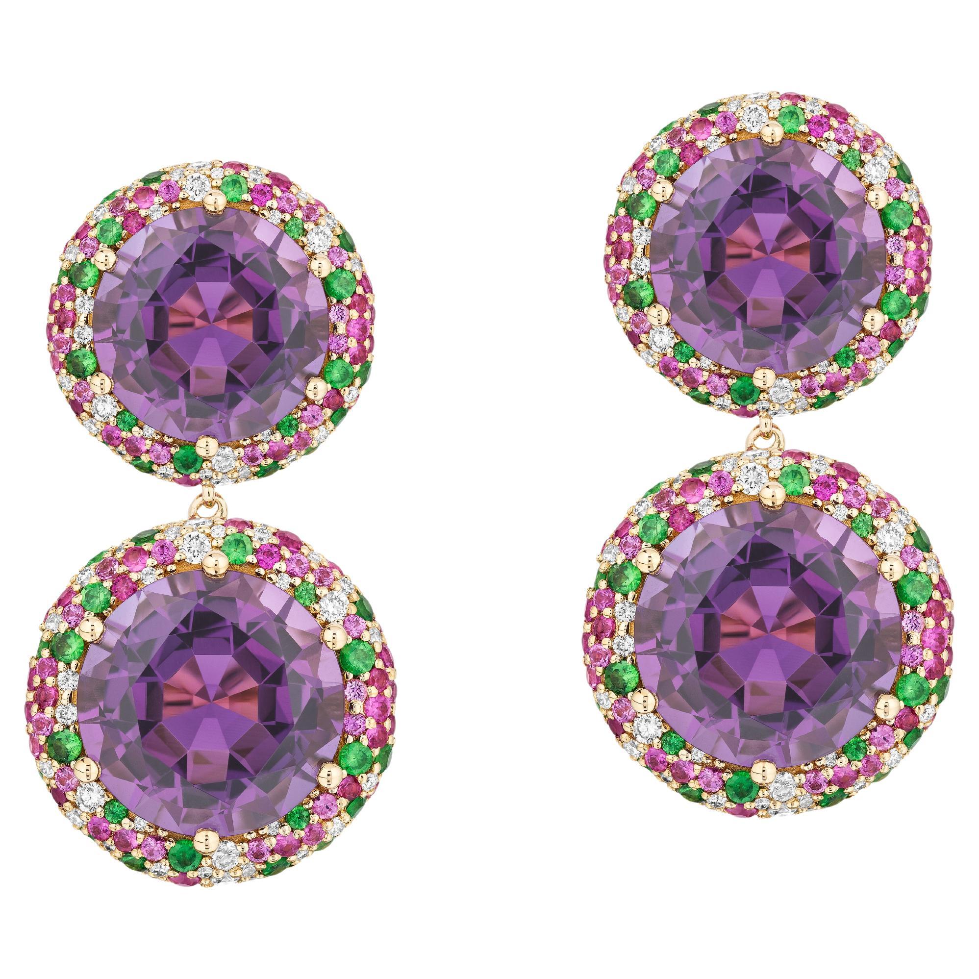Ohrringe aus Goshwara mit 2 Reihen Amethyst mit Diamanten, rosa Saphiren und Tsavorit