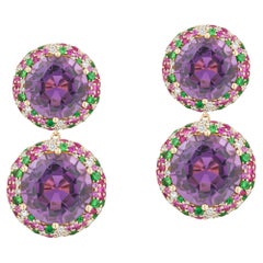 Goshwara 2 Row Amethyst with Diamond, Pink Sapphire & Tsavorites Earrings