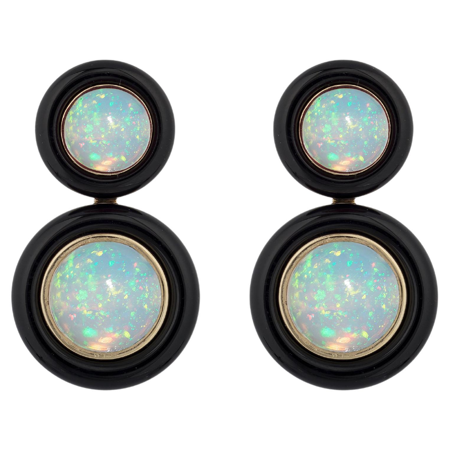 Goshwara 2 Row Round Opal with Onyx Ring Surround Earrings For Sale