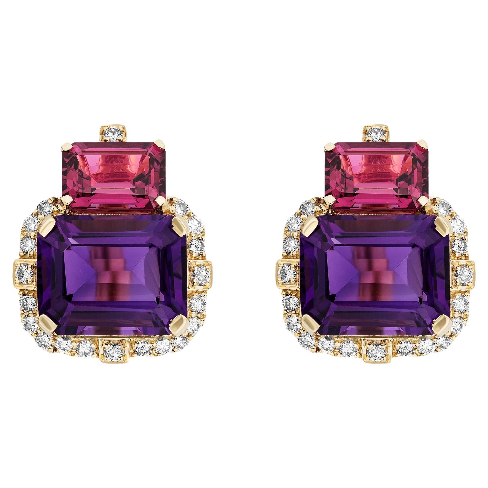 2 Stone Amethyst and Garnet with Diamonds Earrings For Sale