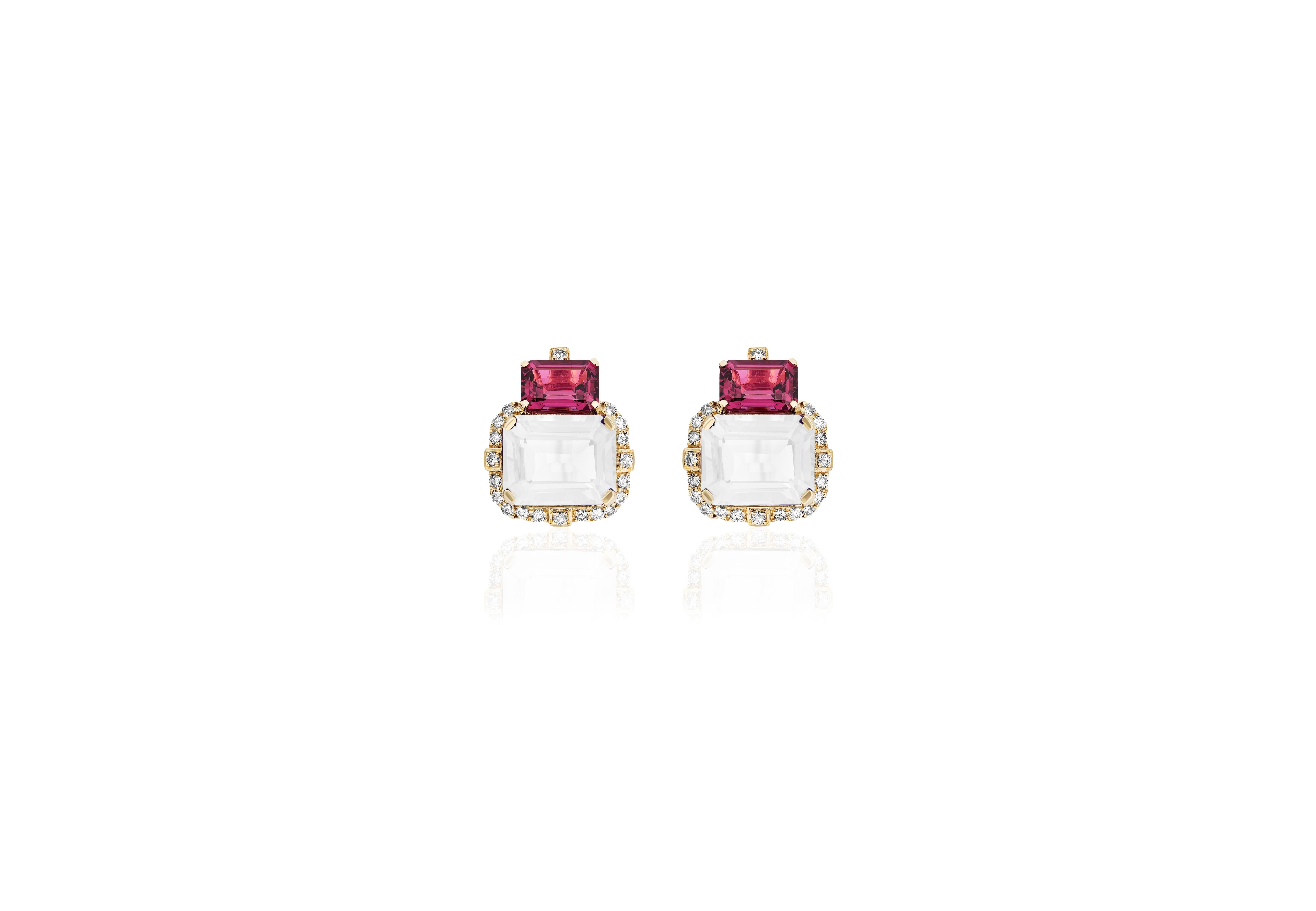 Introducing the captivating 2 Stone Garnet and Moon Quartz Emerald Cut Earrings with Diamonds in 18K Yellow Gold, a remarkable creation from the exquisite 'Gossip' Collection. Crafted with meticulous attention to detail, these earrings embody