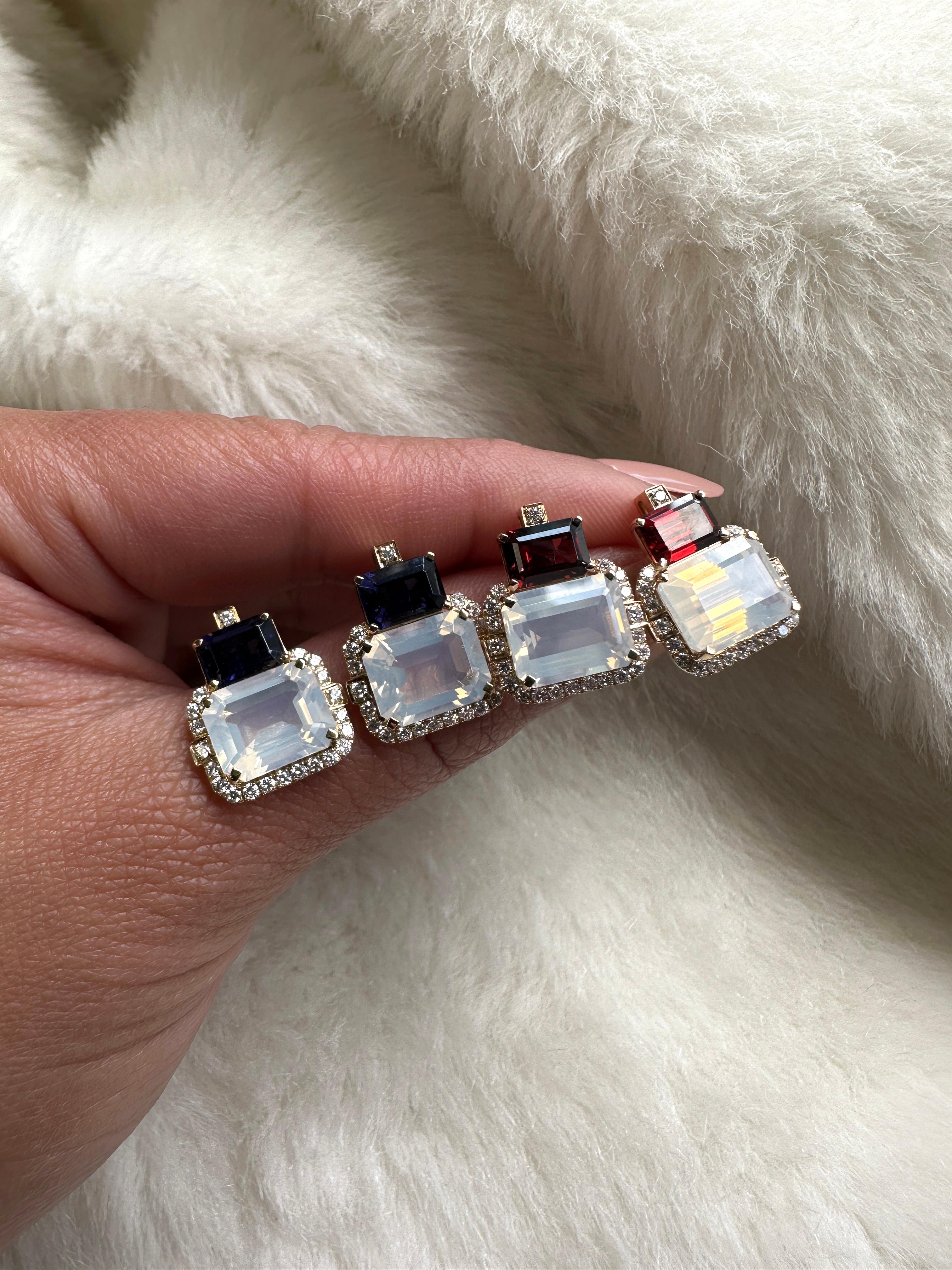 Contemporary Goshwara 2 Stone Garnet and Moon Quartz with Diamonds Earrings For Sale