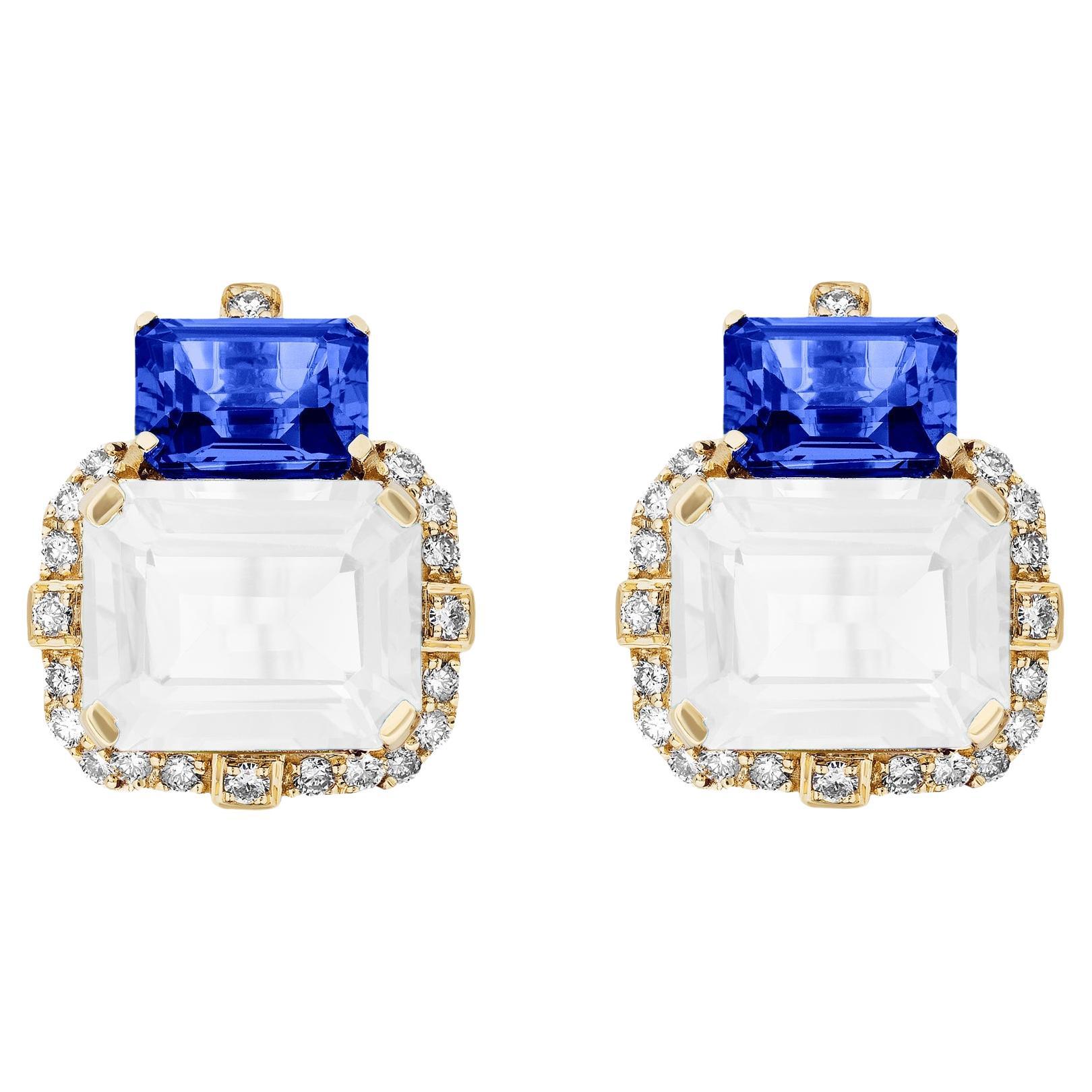 Goshwara 2 Stone Iolite and Moon Quartz with Diamonds Earrings For Sale