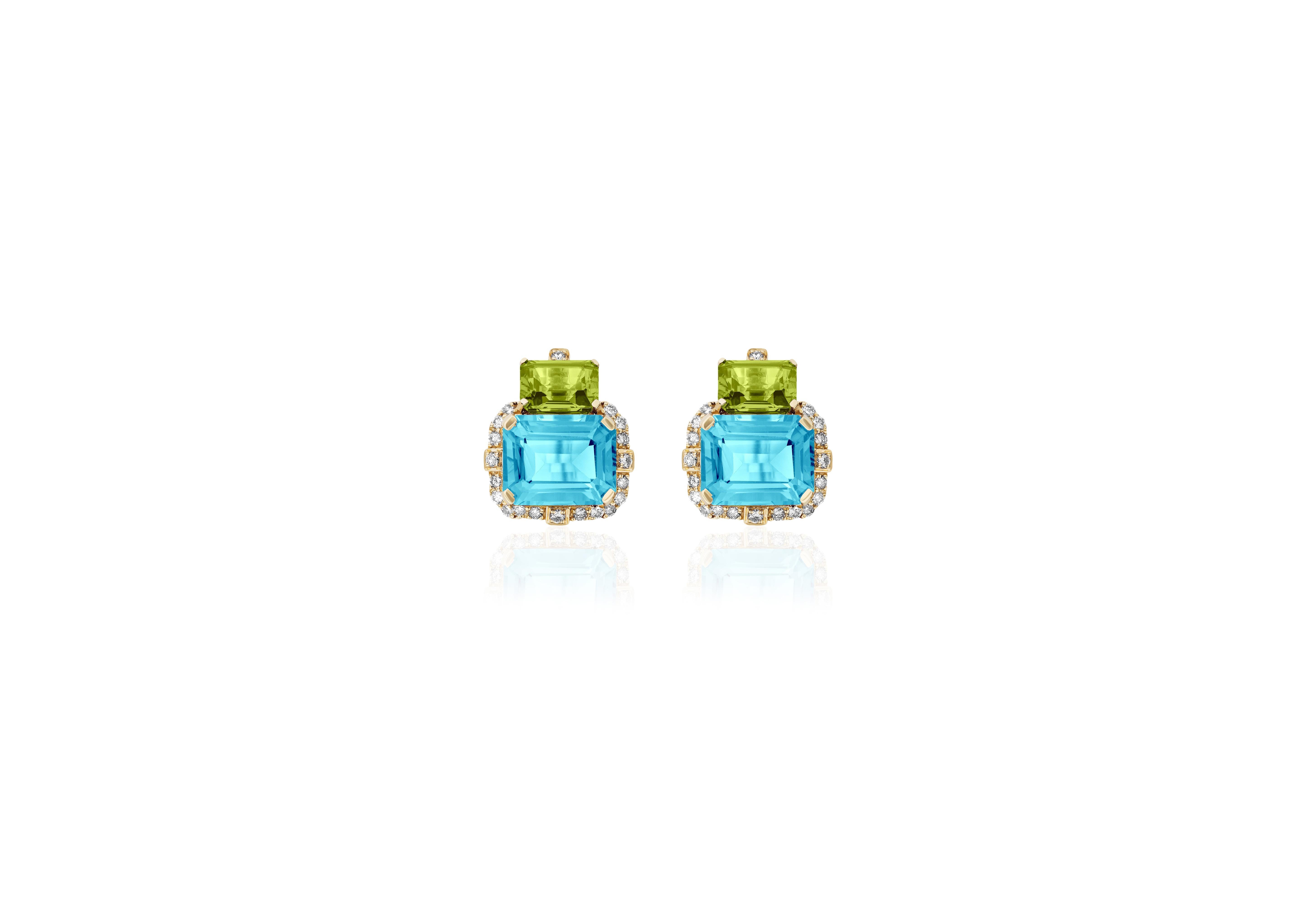 Voici les captivantes boucles d'oreilles 2 pierres péridot et topaze bleue taille émeraude avec diamants en or jaune 18 carats, une création remarquable de l'exquise Collection 'Gossip'. Fabriquées avec une attention méticuleuse aux détails, ces