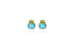 2 Stone Peridot and Blue Topaz with Diamonds Earrings