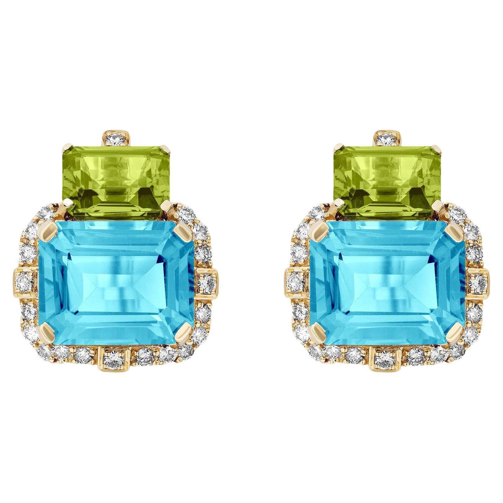 2 Stone Peridot and Blue Topaz with Diamonds Earrings For Sale