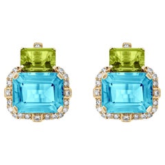 2 Stone Peridot and Blue Topaz with Diamonds Earrings