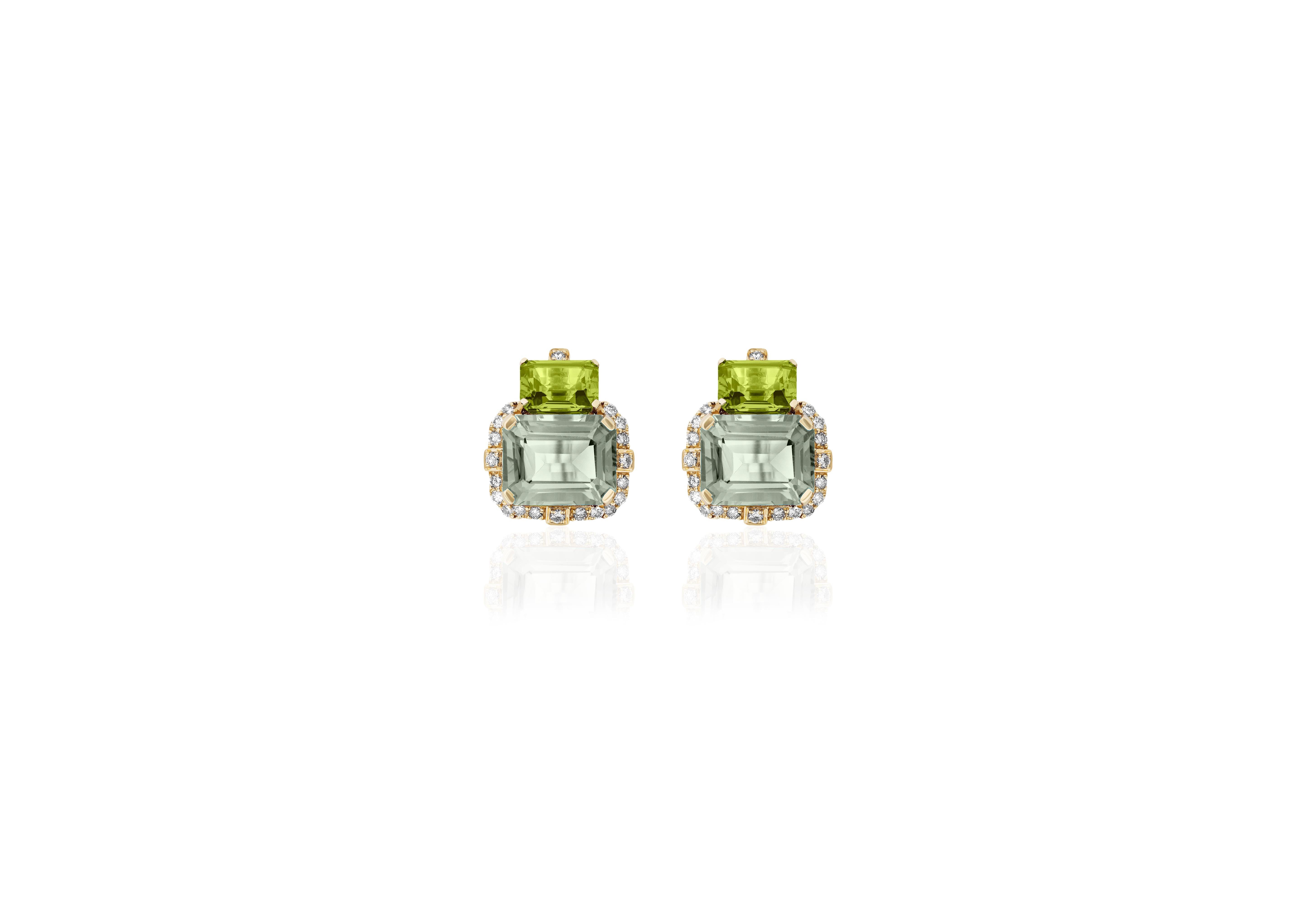 Introducing the captivating 2 Stone Peridot and Prasiolite Emerald Cut Earrings with Diamonds in 18K Yellow Gold, a remarkable creation from the exquisite 'Gossip' Collection. Crafted with meticulous attention to detail, these earrings embody