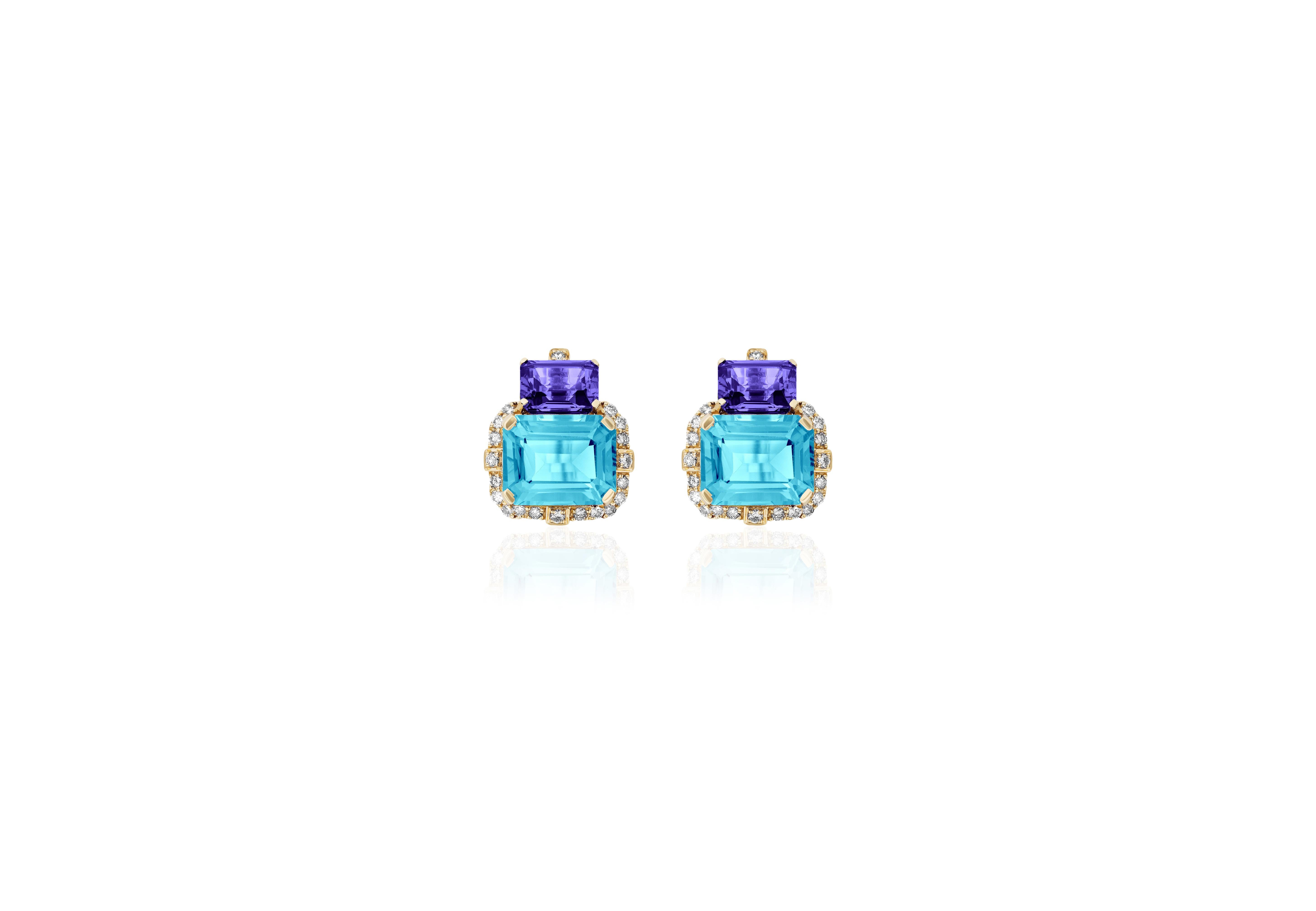 Introducing the captivating 2 Stone Tanzanite and Blue Topaz Emerald Cut Earrings with Diamonds in 18K Yellow Gold, a remarkable creation from the exquisite 'Gossip' Collection. Crafted with meticulous attention to detail, these earrings embody