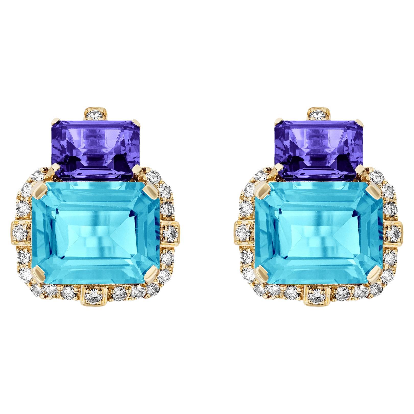 Goshwara 2 Stone Tanzanite and Blue Topaz with Diamonds Earrings For Sale