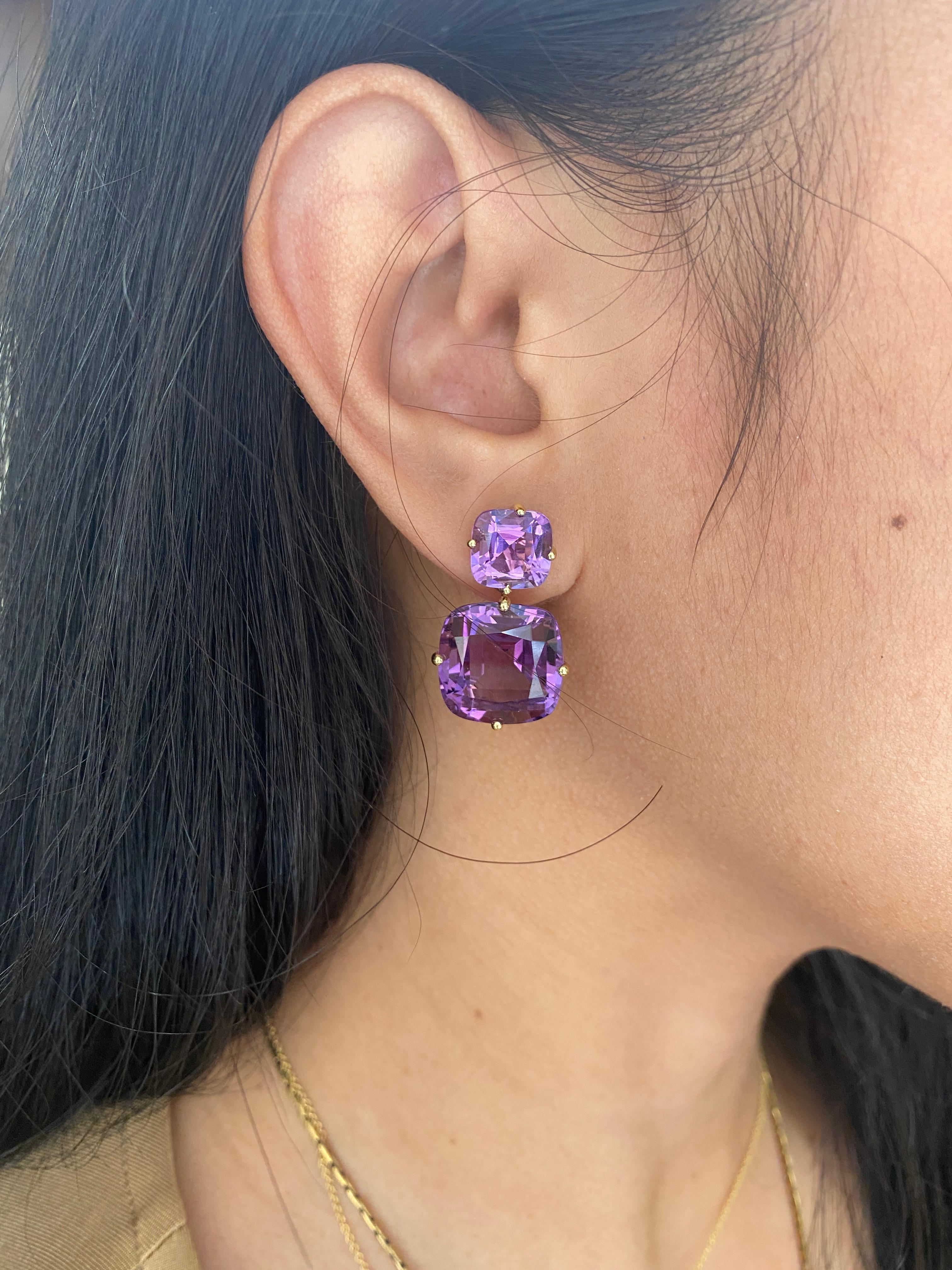 2 Tier Amethyst Cushion Earrings in 18k Yellow Gold, from 'Gossip' Collection. Like any good piece of Gossip, this collection carries a hint of shock value. They will have everyone in suspense about what Goshwara will do next.

* Gemstone size: 9 x