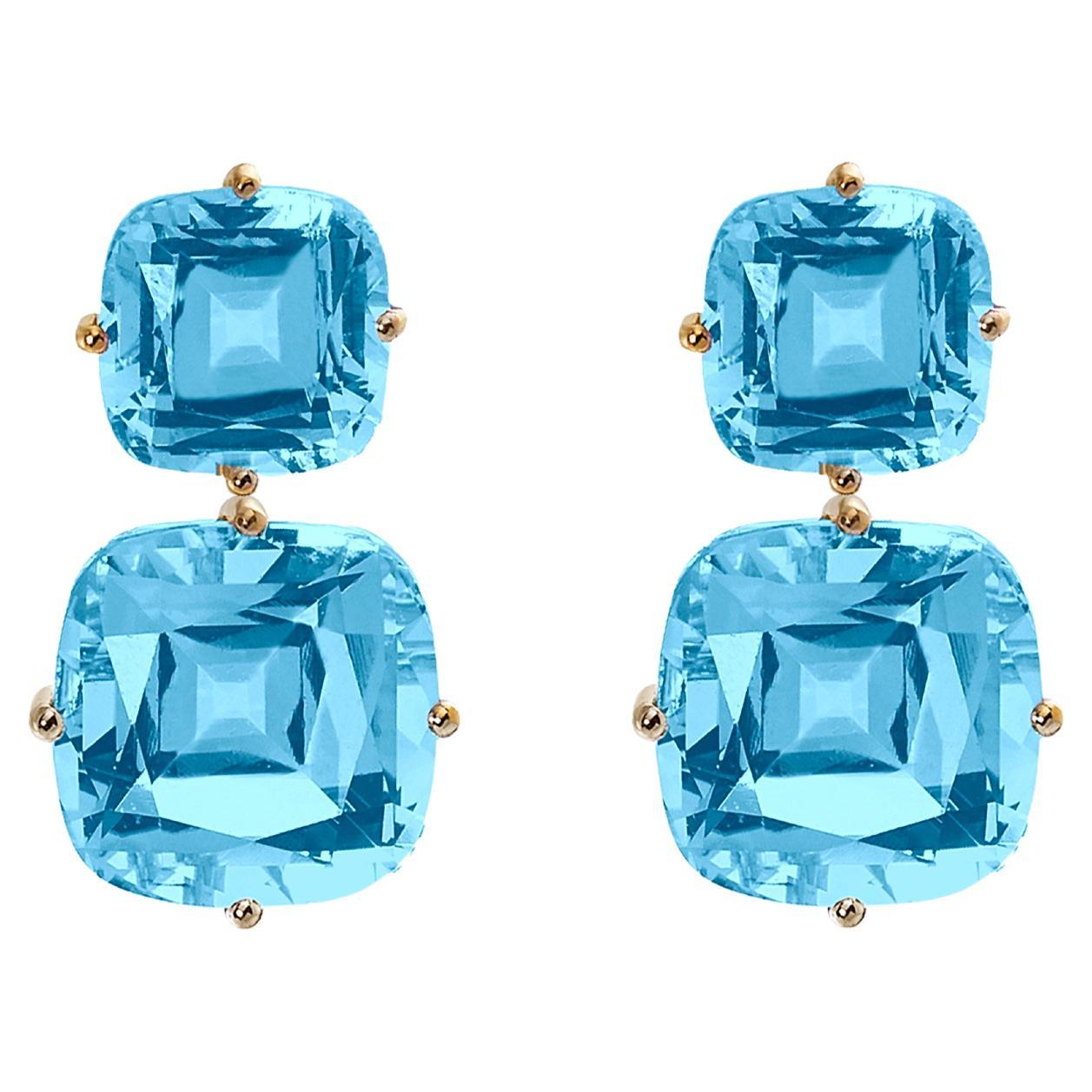 Goshwara Boucles d'oreilles à 2 niveaux en forme de coussin en topaze bleue