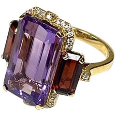 Goshwara 3-Stone Amethyst and Garnet Emerald Cut with Diamonds Ring