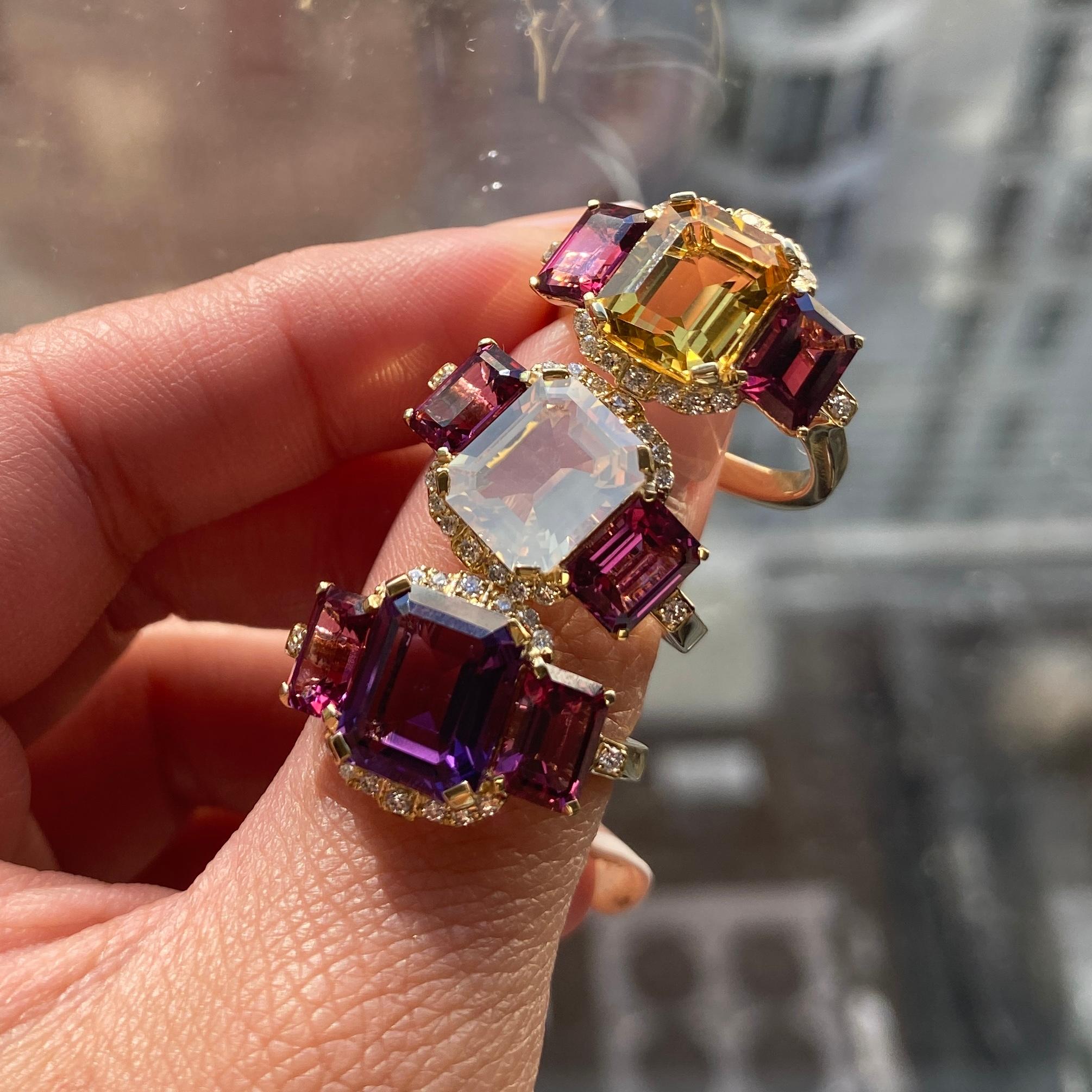 Contemporary Goshwara 3 Stone Amethyst and Garnet with Diamonds Ring For Sale