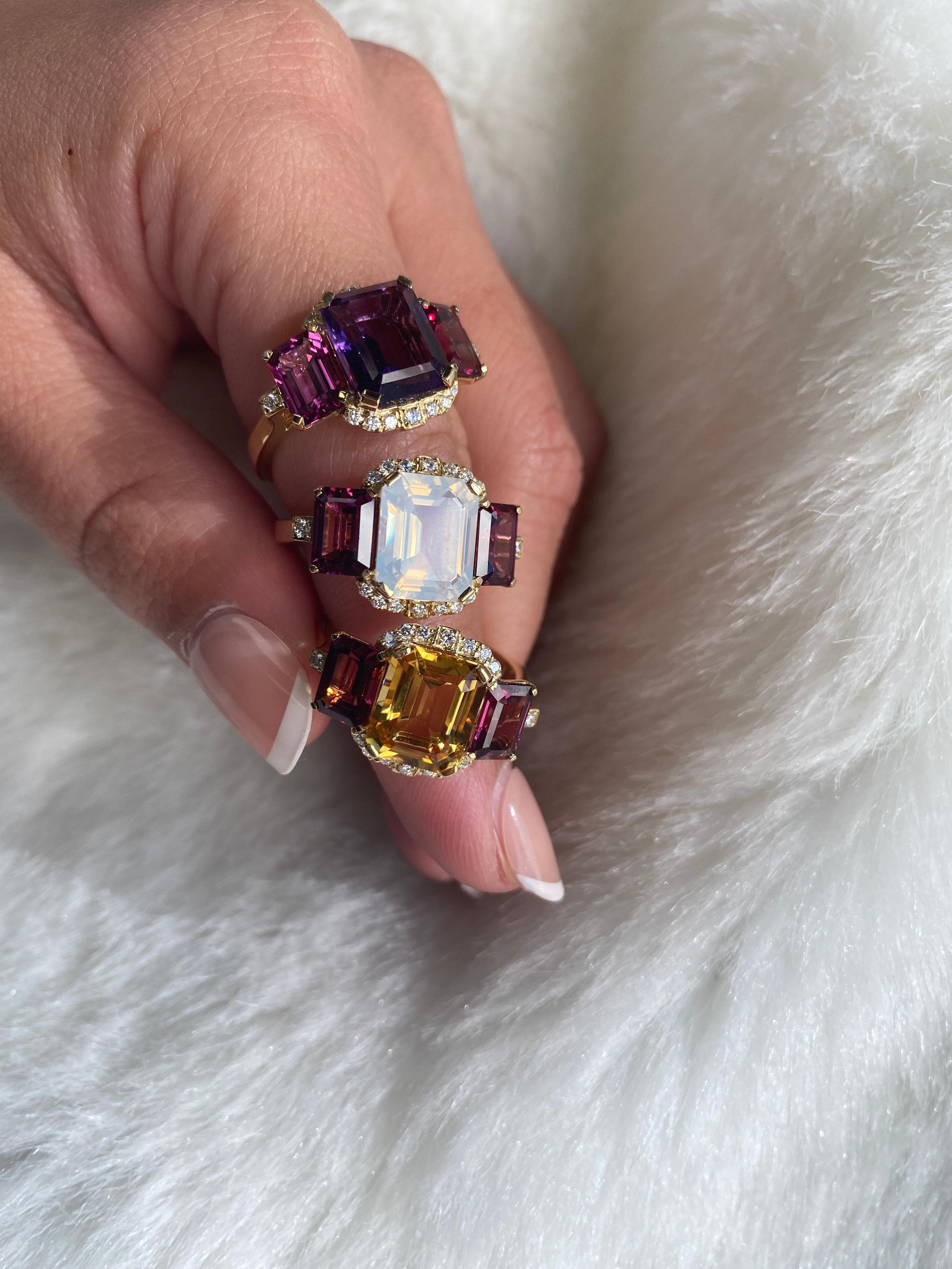 Contemporary Goshwara 3 Stone Citrine & Garnet Emerald Cut Ring with Diamonds For Sale
