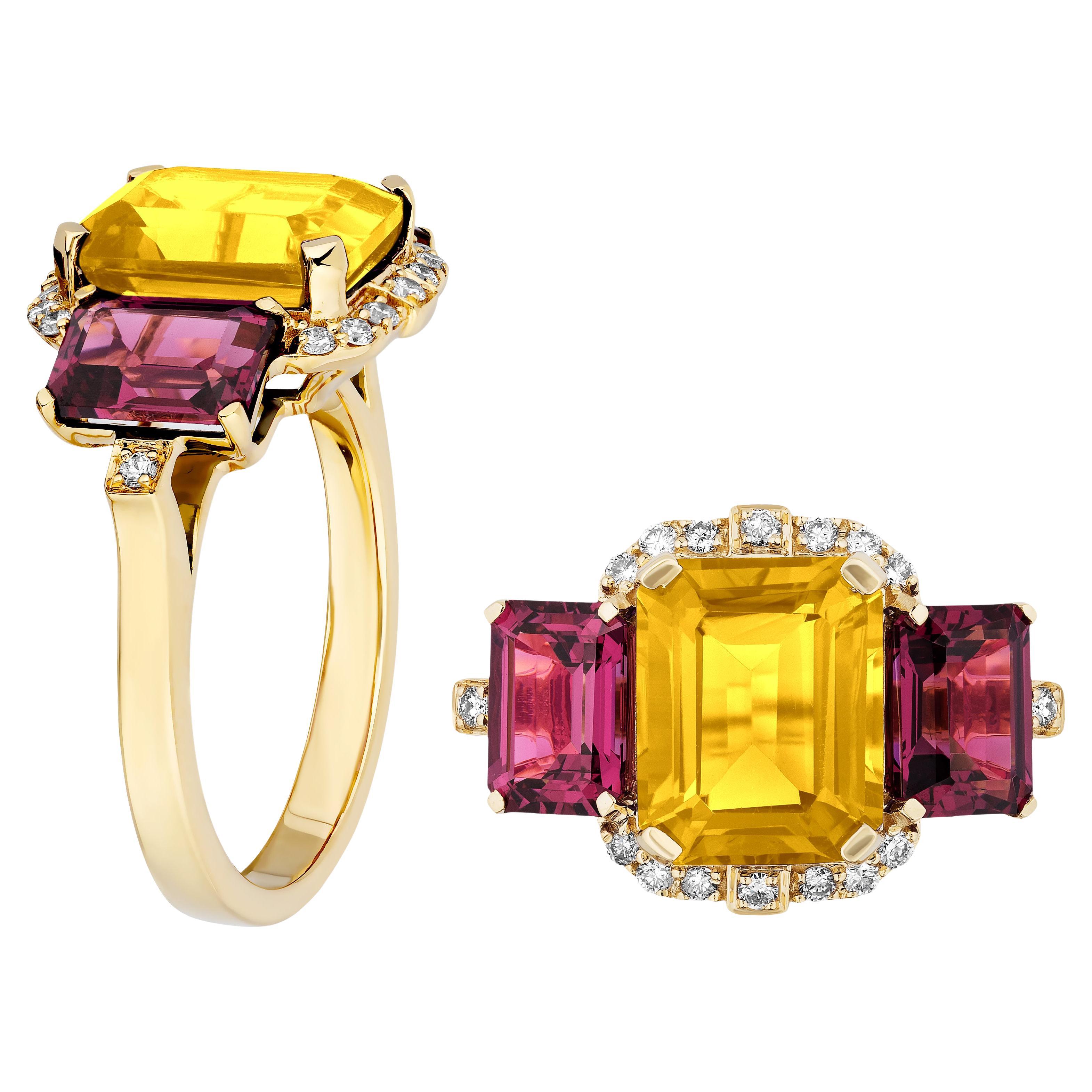 Goshwara 3 Stone Citrine & Garnet Emerald Cut Ring with Diamonds For Sale