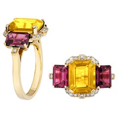 Goshwara 3 Stone Citrine & Garnet Emerald Cut Ring with Diamonds
