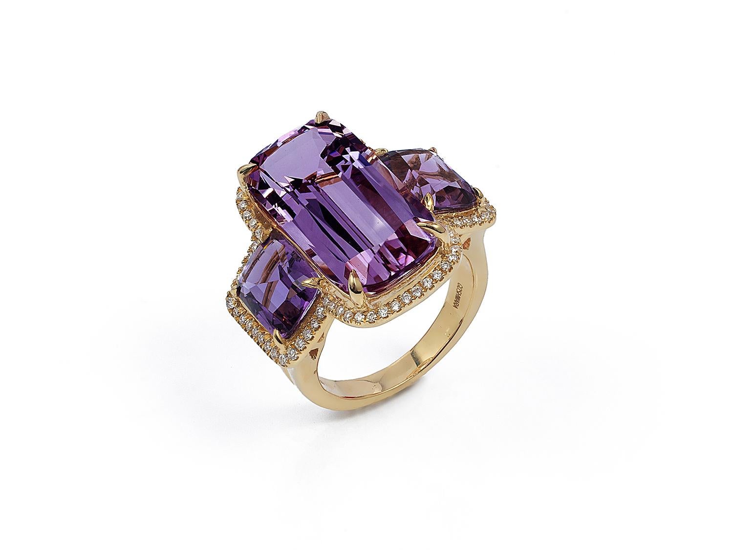 Amethyst Cushion Ring in 18K Yellow Gold with Diamonds, from 'Gossip' Collection. Please allow 2-4 weeks for this item to be delivered.

Stone Size: 21 x 10.5 mm & 9 x 7 mm 

Diamonds: G-H / VS, Approx Wt: 0.33 Cts
