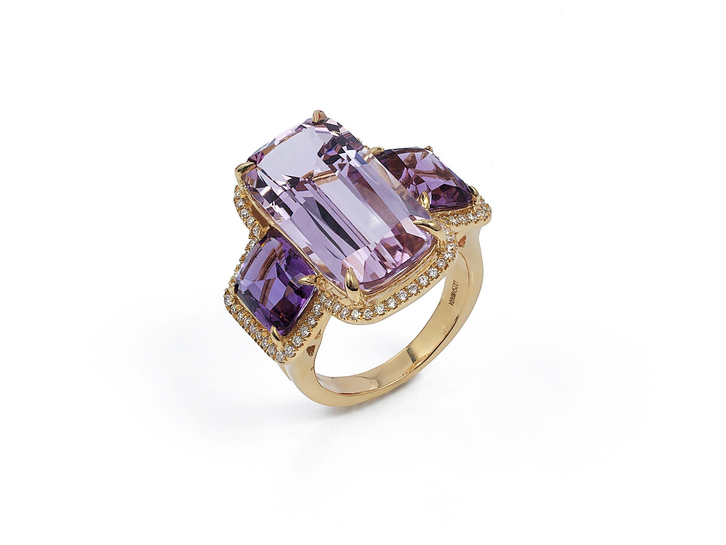 3 Stone Lavender Amethyst Cushion Ring with Diamonds in 18K Rose Gold, From 'Gossip' Collection. Like any good piece of gossip, this collection carries a hint of shock value. They will have everyone in suspense about what Goshwara will do next. 

*