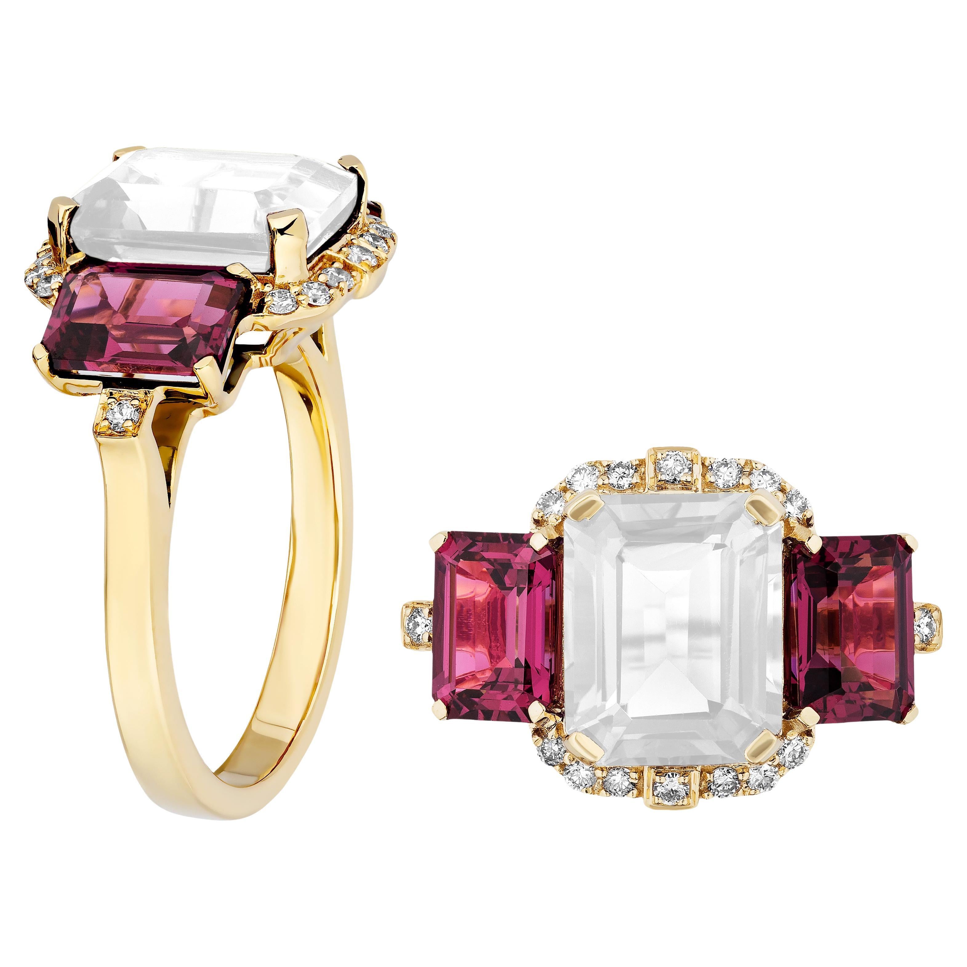 3 Stein Mondquarz & Granat Smaragdschliff Ring mit Diamanten vonshwara im Angebot