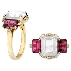 Goshwara 3 Stone Moon Quartz & Garnet Emerald Cut Ring with Diamonds