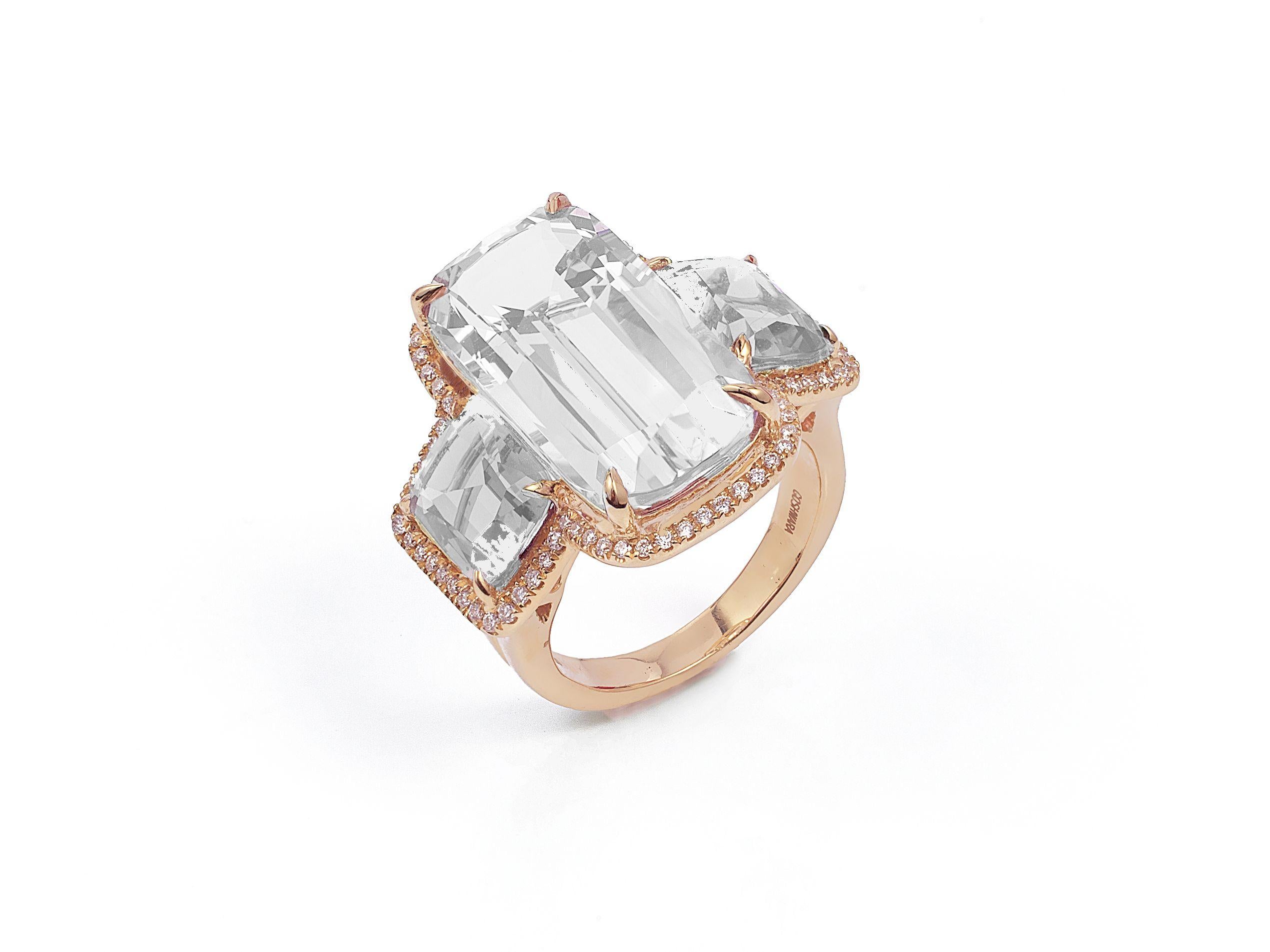 3 Stone Rock Crystal Cushion Ring with Diamonds in 18K Rose Gold, From 'Gossip' Collection. Like any good piece of gossip, this collection carries a hint of shock value. They will have everyone in suspense about what Goshwara will do next. 

*