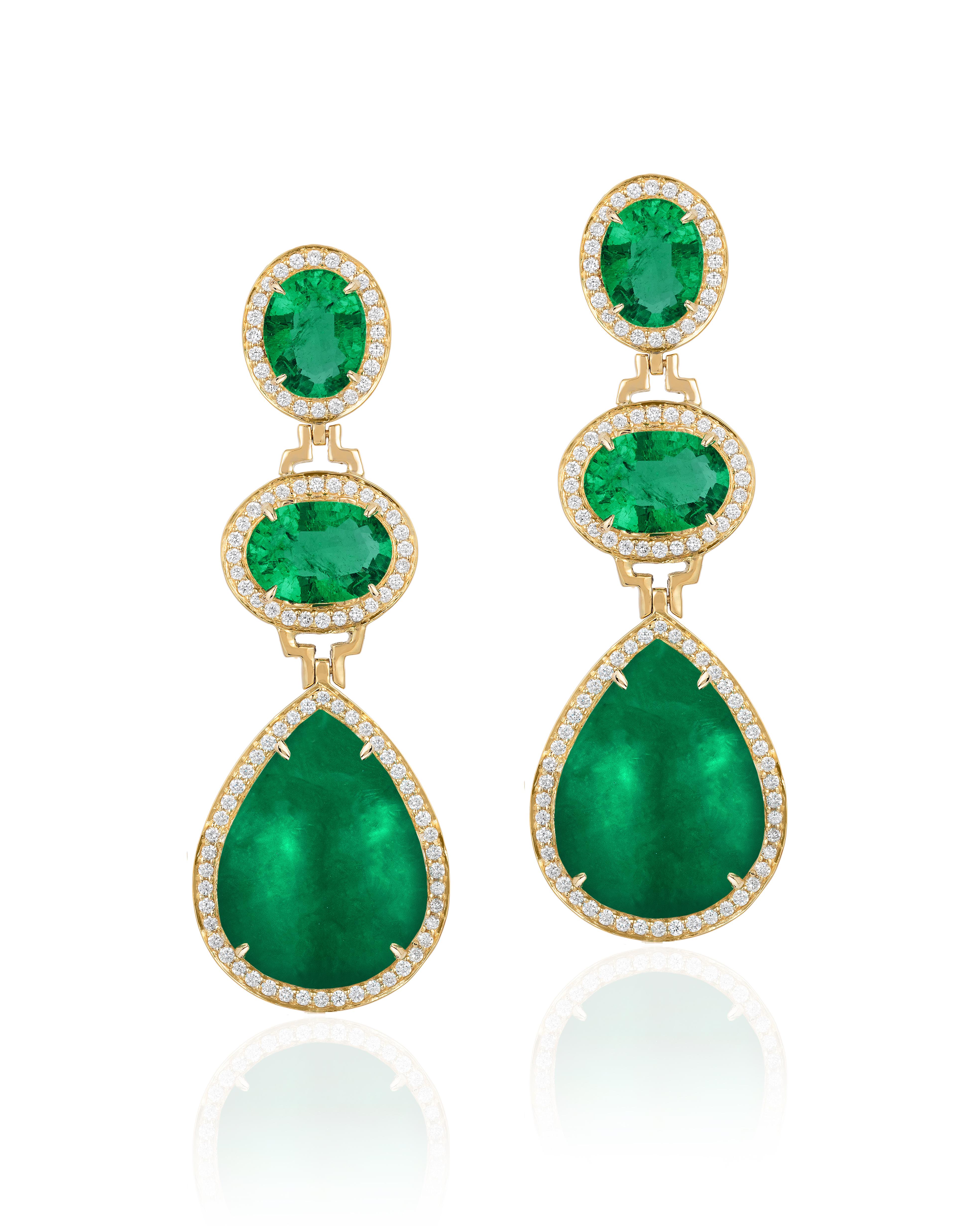 Contemporary Goshwara 3 Tier Faceted Oval and Pear Shape Emerald Drop Earrings  For Sale