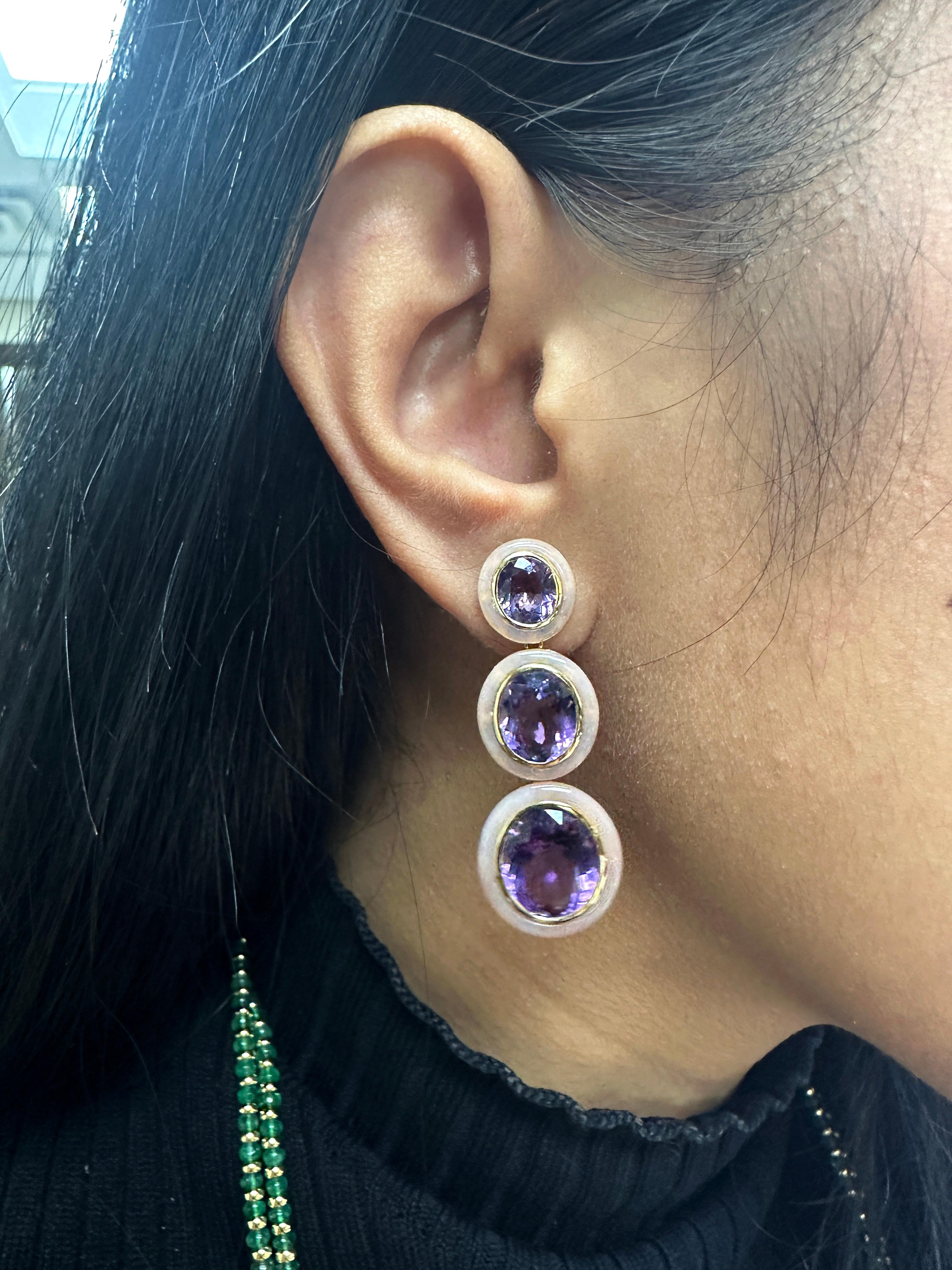 Contemporary Goshwara 3 tier Oval Shape Amethyst with Opal Earrings For Sale