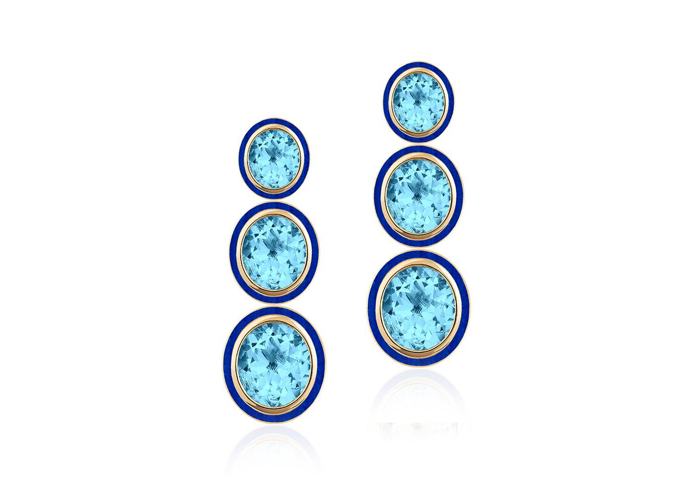 Ohrringe von Goshwara in ovaler Form mit blauem Topas und Lapislazuli in 3 Ebenen (Zeitgenössisch) im Angebot