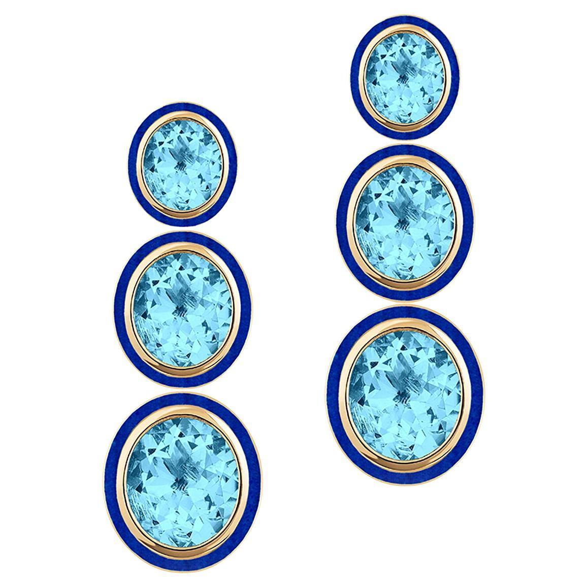 Goshwara Boucles d'oreilles 3 niveaux en topaze bleue et lapis-lazuli de forme ovale