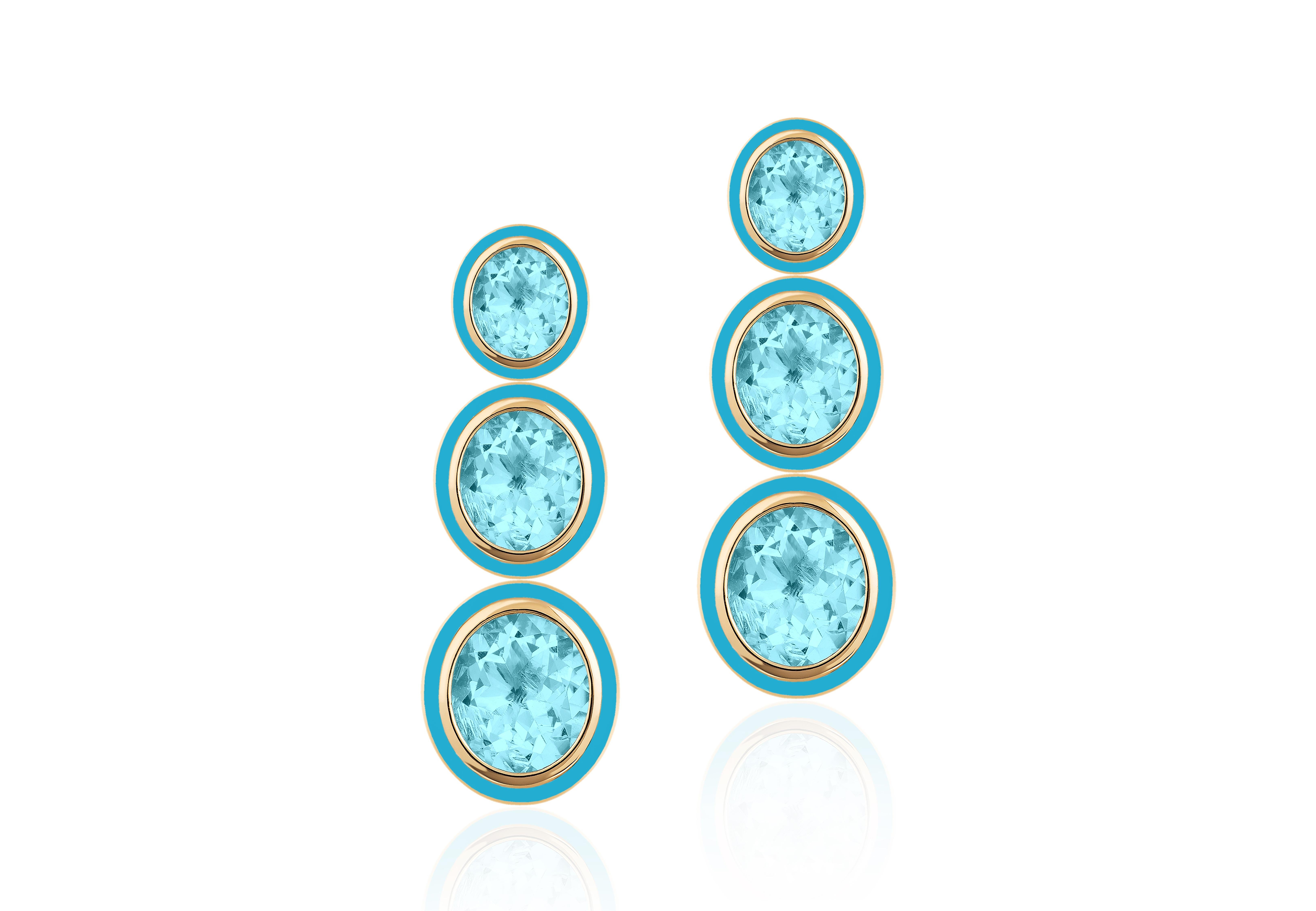 Contemporain Goshwara Boucles d'oreilles de forme ovale à 3 niveaux avec topaze bleue et turquoise en vente