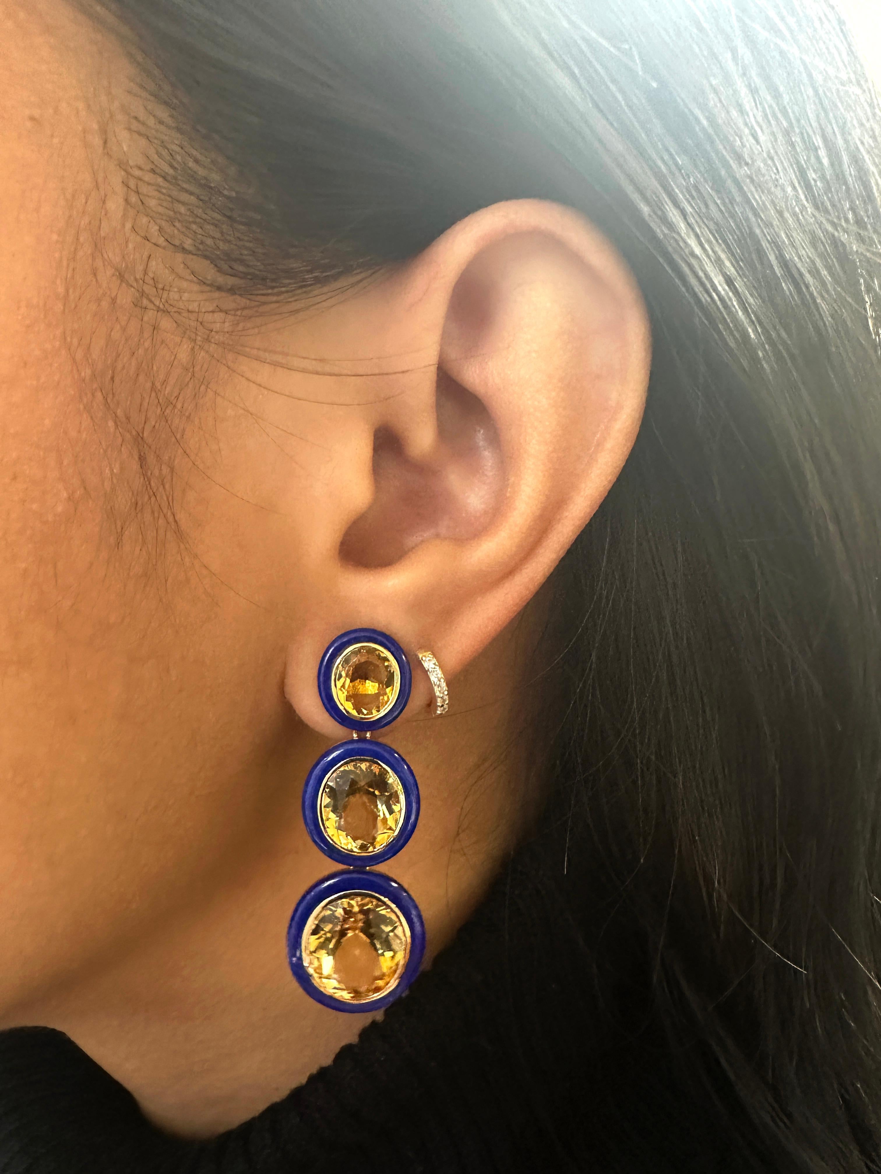 These 3 tier Oval Shape Citrine with Lapis Earrings in 18K Yellow Gold from the 