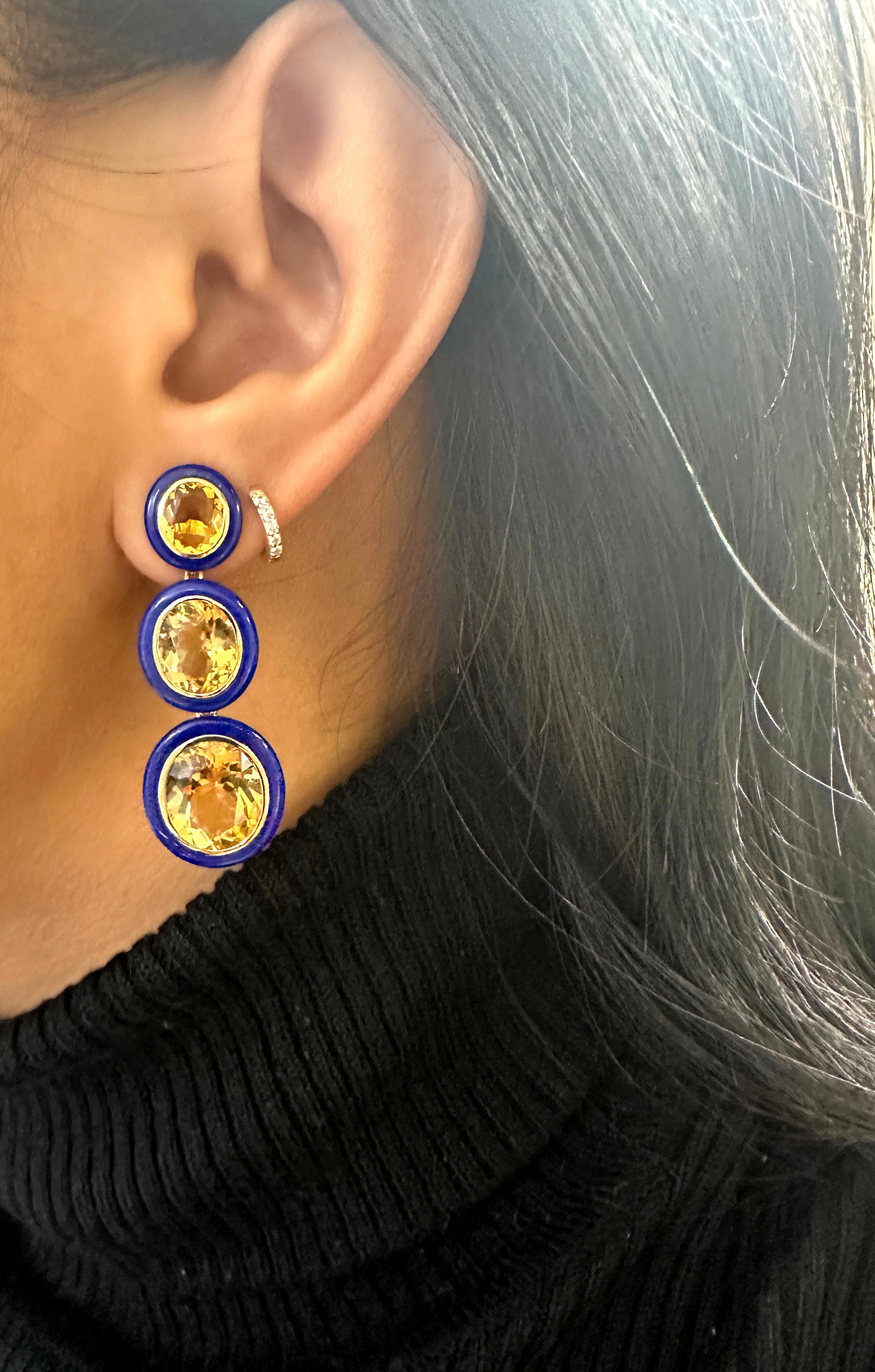 Contemporary Goshwara 3 Tier Oval Shape Citrine with Lapis Earrings For Sale