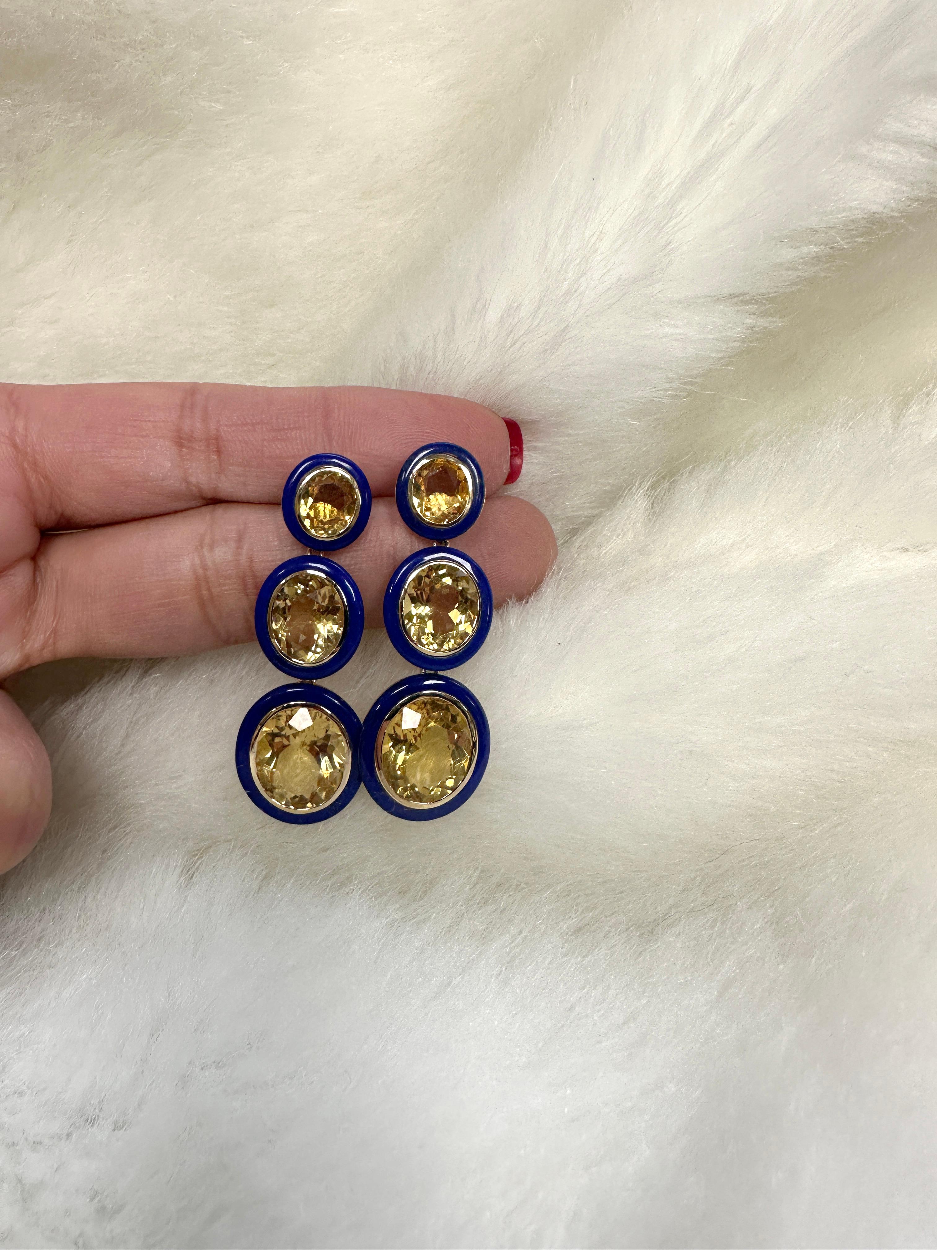 Oval Cut Goshwara 3 Tier Oval Shape Citrine with Lapis Earrings For Sale