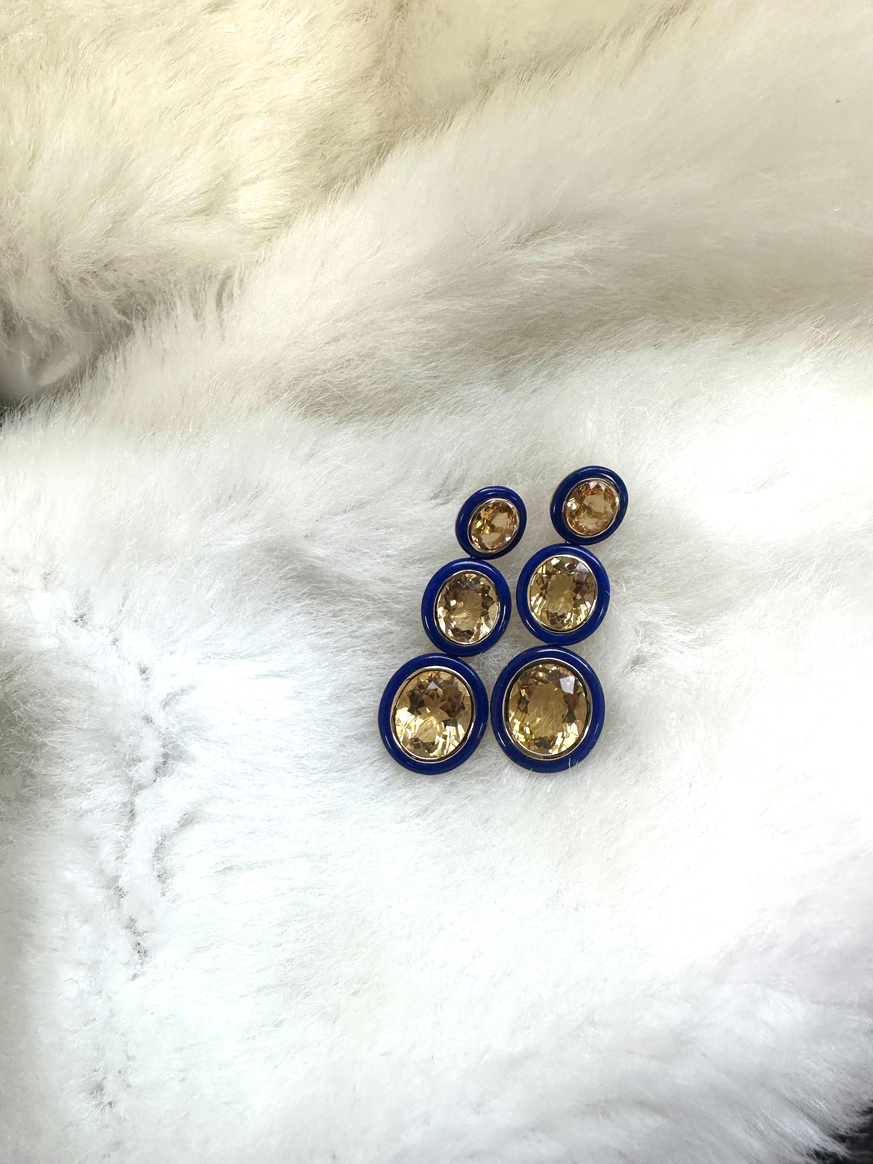 Goshwara 3 Tier Oval Shape Citrine with Lapis Earrings In New Condition For Sale In New York, NY