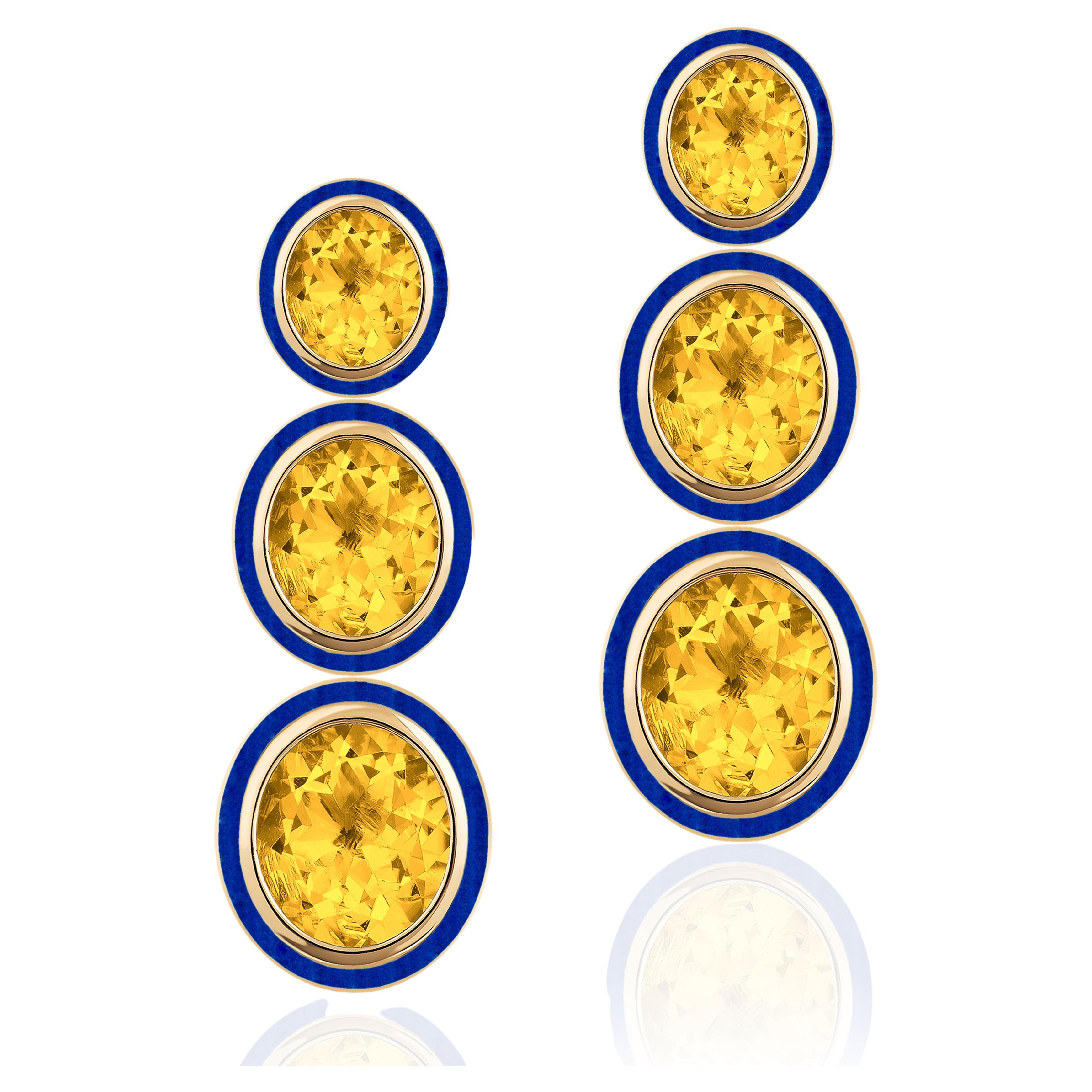 Goshwara 3 tier Oval Shape Citrine with Lapis Earrings For Sale