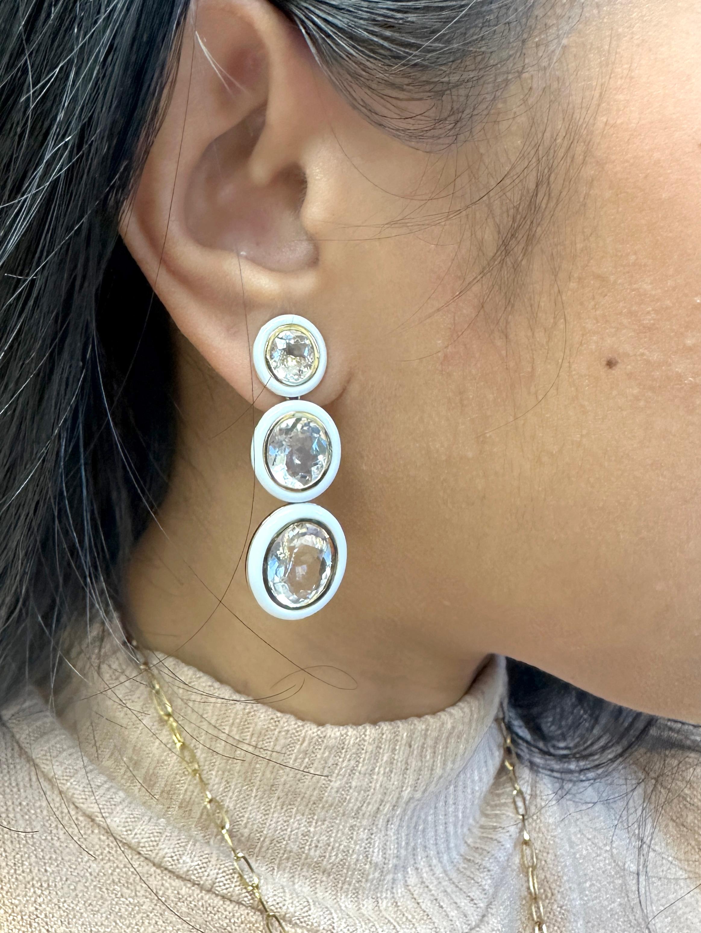 Women's Goshwara 3 tier Oval Shape Rock Crystal with White Agate Earrings For Sale