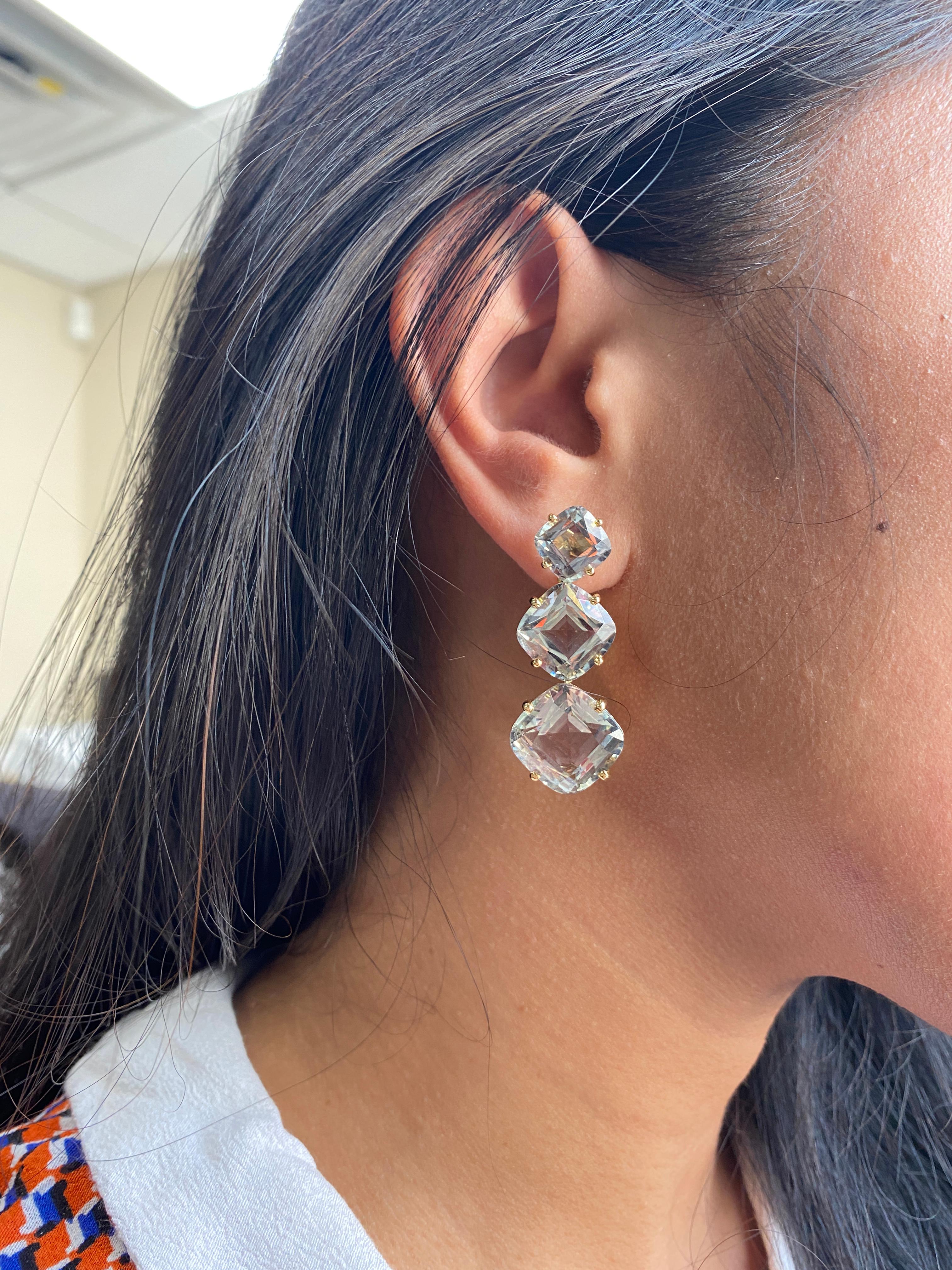 Contemporary Goshwara 3 Tier Rock Crystal Cushion Earrings For Sale