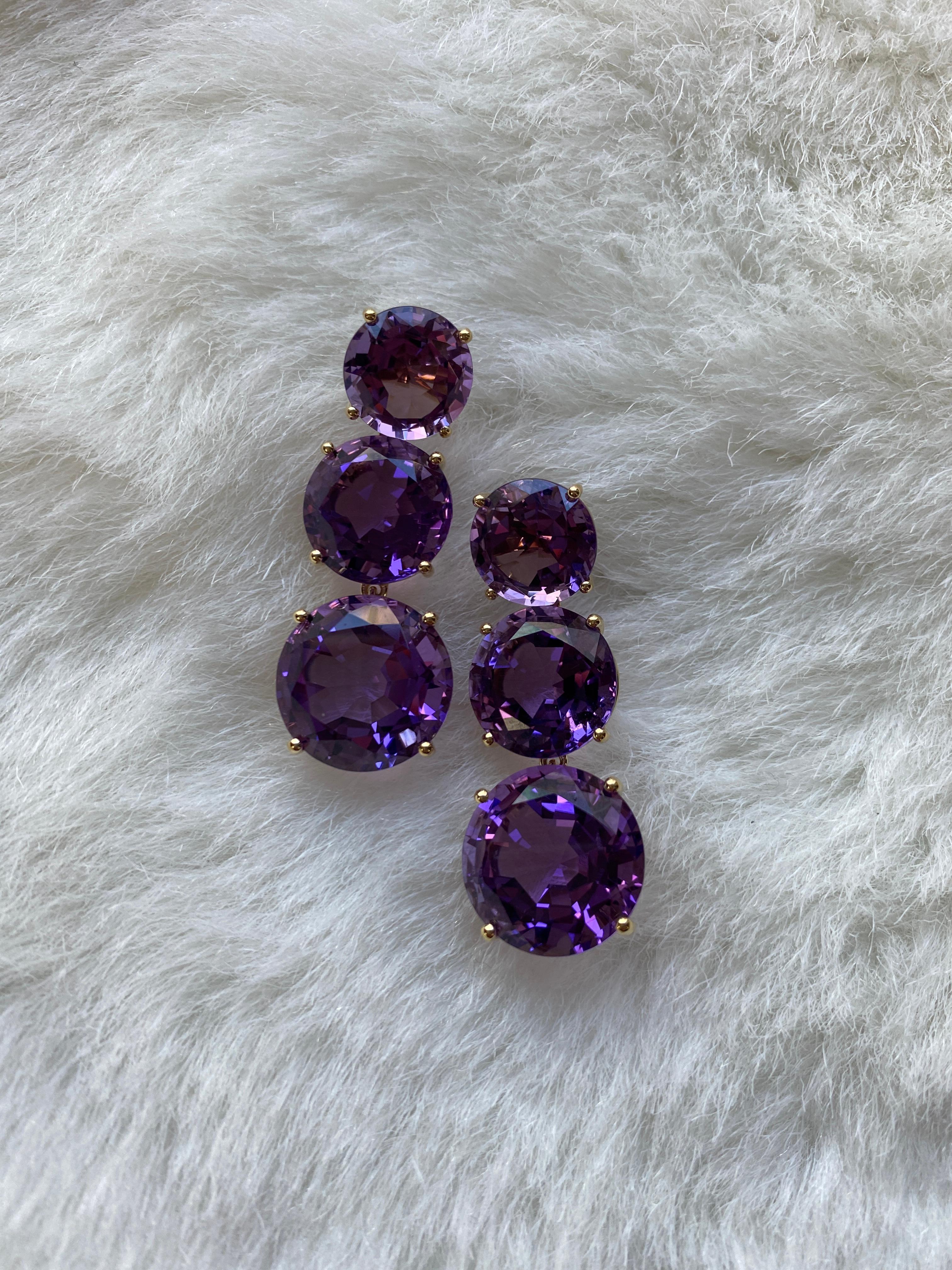 Round Cut Goshwara 3 Tier Round Faceted Amethyst Earrings For Sale