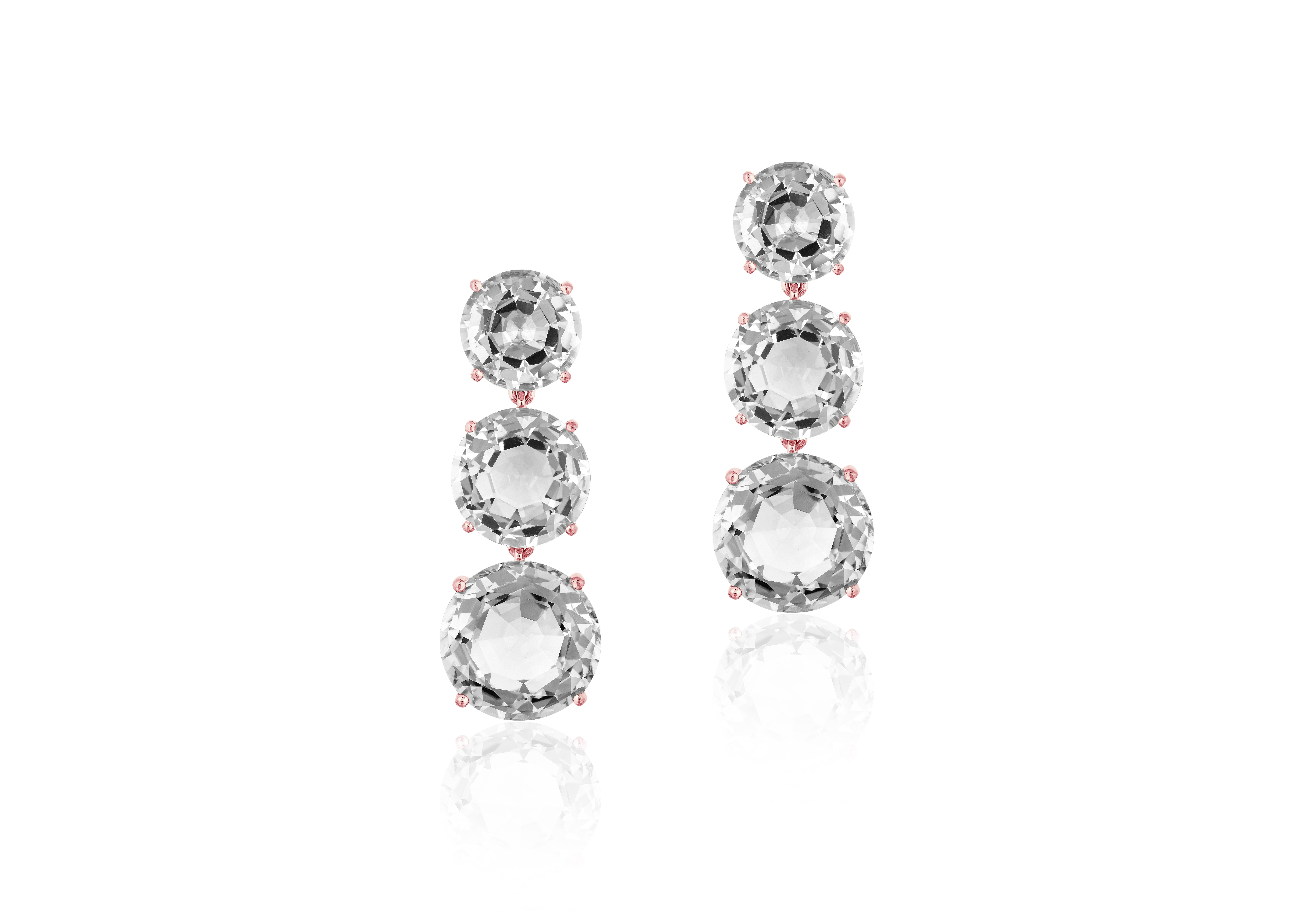 3 Tier Round Faceted Rock Crystal Earrings in 18k Rose Gold, from ‘Gossip' Collection.  Like any good piece of gossip, this piece carries a hint of shock value.

* Gemstone size: 15, 13 & 11 mm
* Gemstone: 100% Earth Mined 
* Approx. gemstone