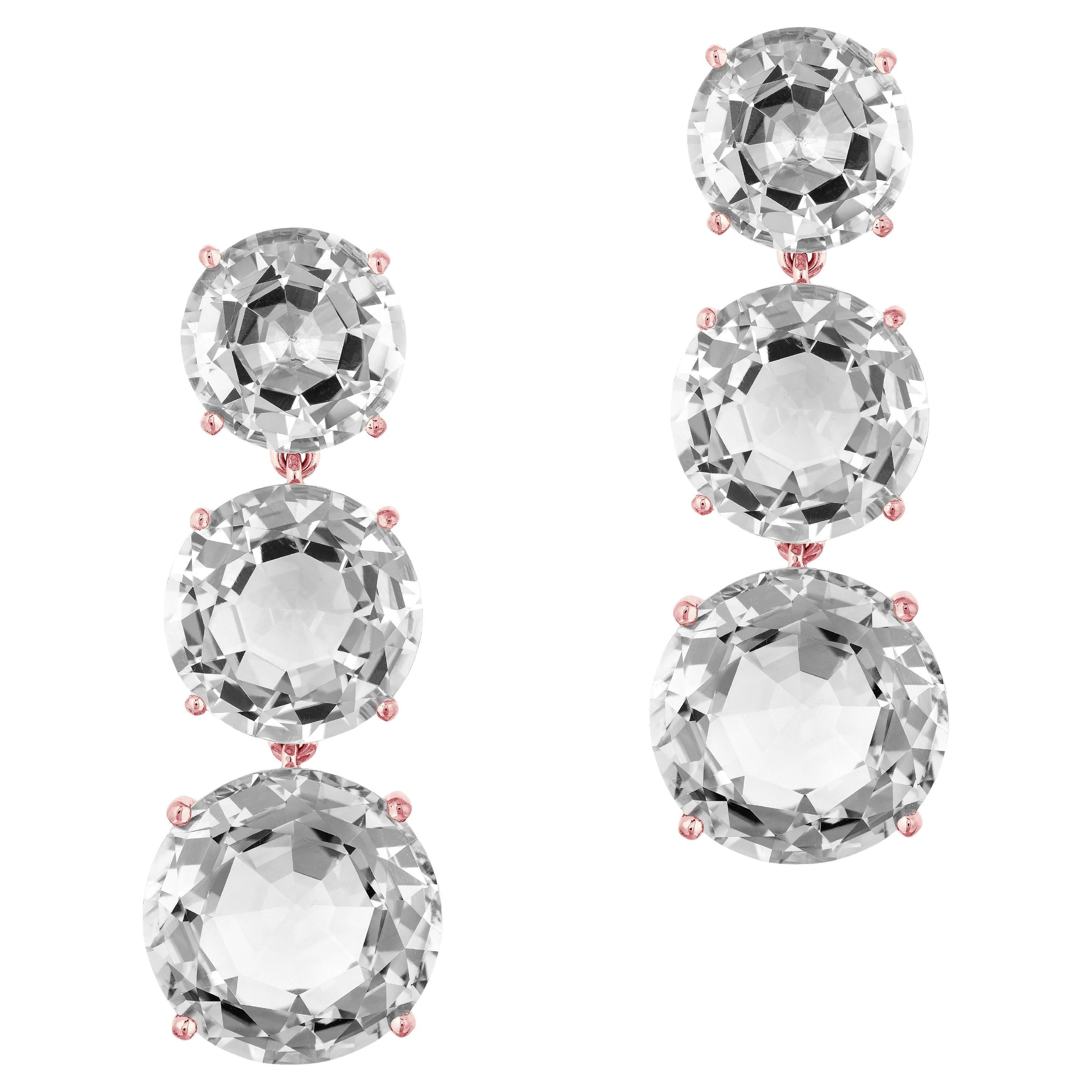Goshwara - Boucles d'oreilles pendantes en cristal de roche à facettes rondes à 3 niveaux