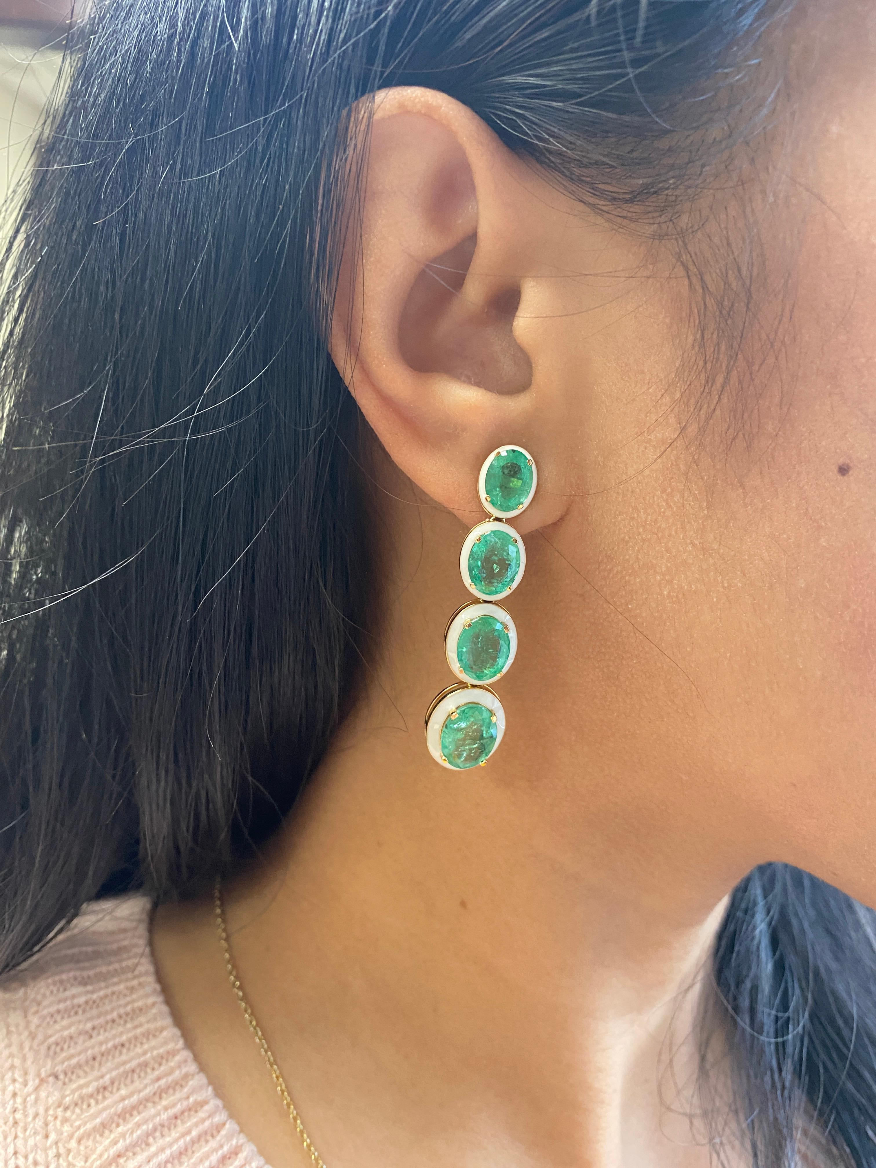 Oval Cut Goshwara 4 Stone Long Emerald with White Enamel Earrings For Sale
