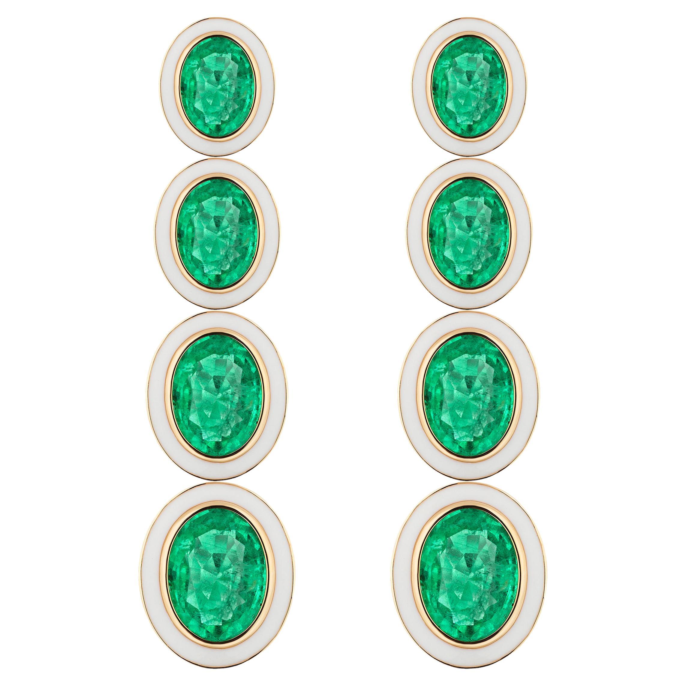 Goshwara 4 Stone Long Emerald with White Enamel Earrings