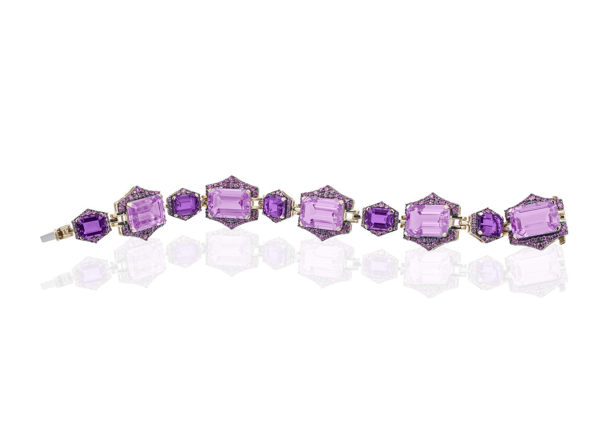 Amethyst and Lavender Amethyst with Pink Sapphire Bracelet In 18K Yellow Gold and Light Black Rhodium, from 'Rain Forest' Collection
Stone Size 10x15-9x7, 
Bracelet Length: 6 3/4''
Gemstone Approx. Wt.: Lavender Amethyst- 33.82 Carats
              